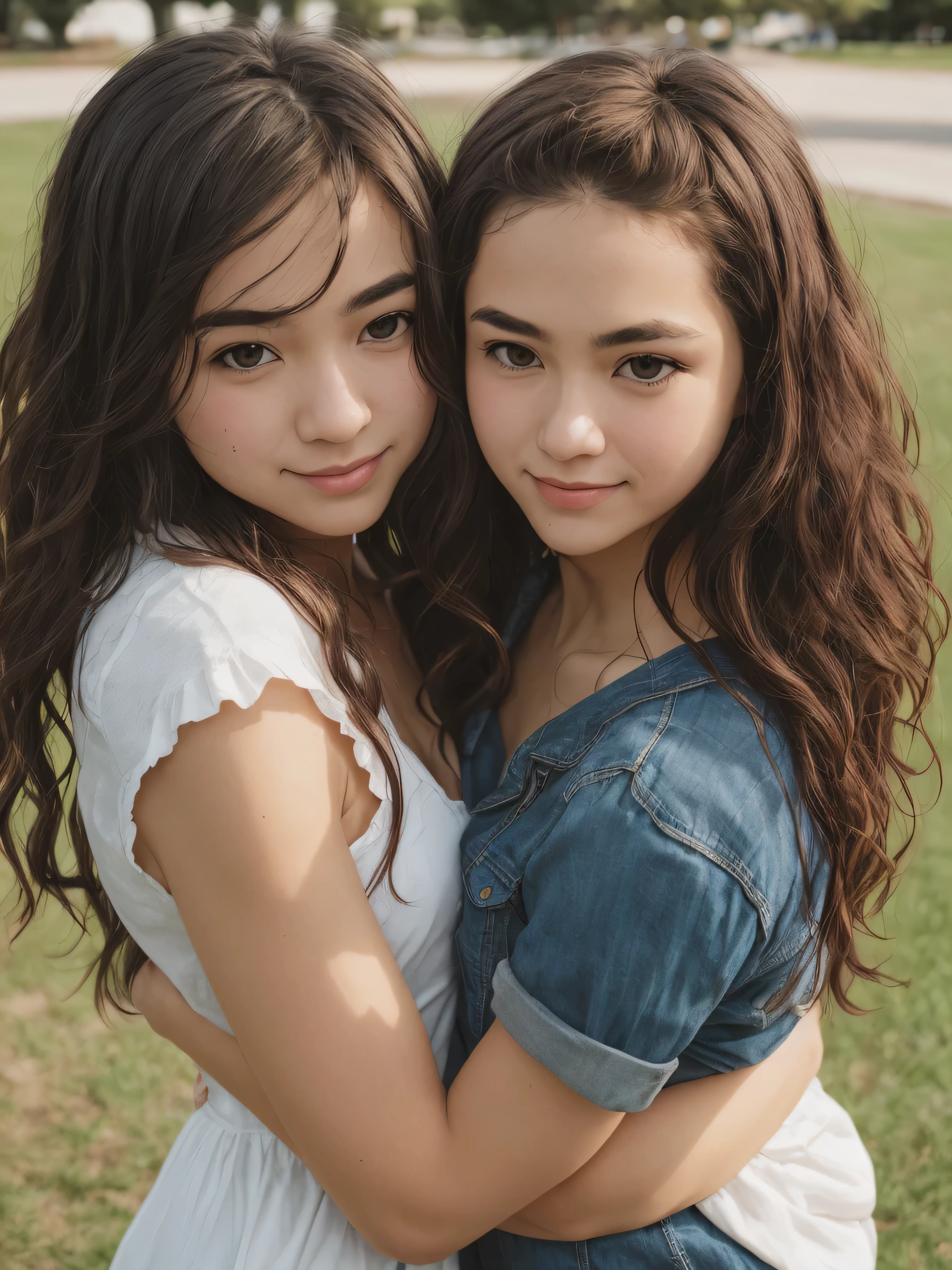 two girls, one 8 years old and the other 7 years old, hugging in a park, kissing on the cheek, baby face, she are happy, wearing ballet clothes, long hair, 8K, maximum perfection possible, similarity with reality, natural photo, wearing tiara, beijando na bochecha, dando beijo na bochecha, beijando, corpo todo,