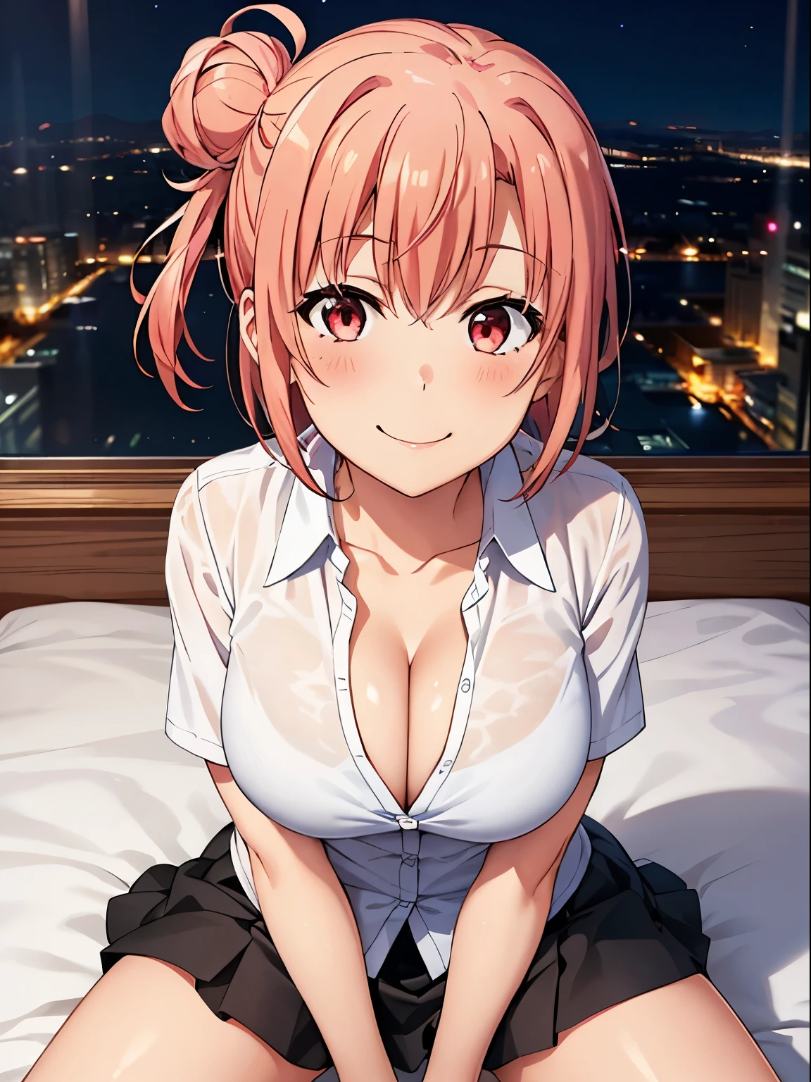 1 girl,  
yuigahama yui, pink hair, hair bun, short hair, 

(8K, Top quality, muste piece)

white collared shirt, 
black micro skirt, 
smile, blush, 
sitting on bed, open legs, 
cleavage, (big breasts), sfw, 

night view, 
pov, from above, 