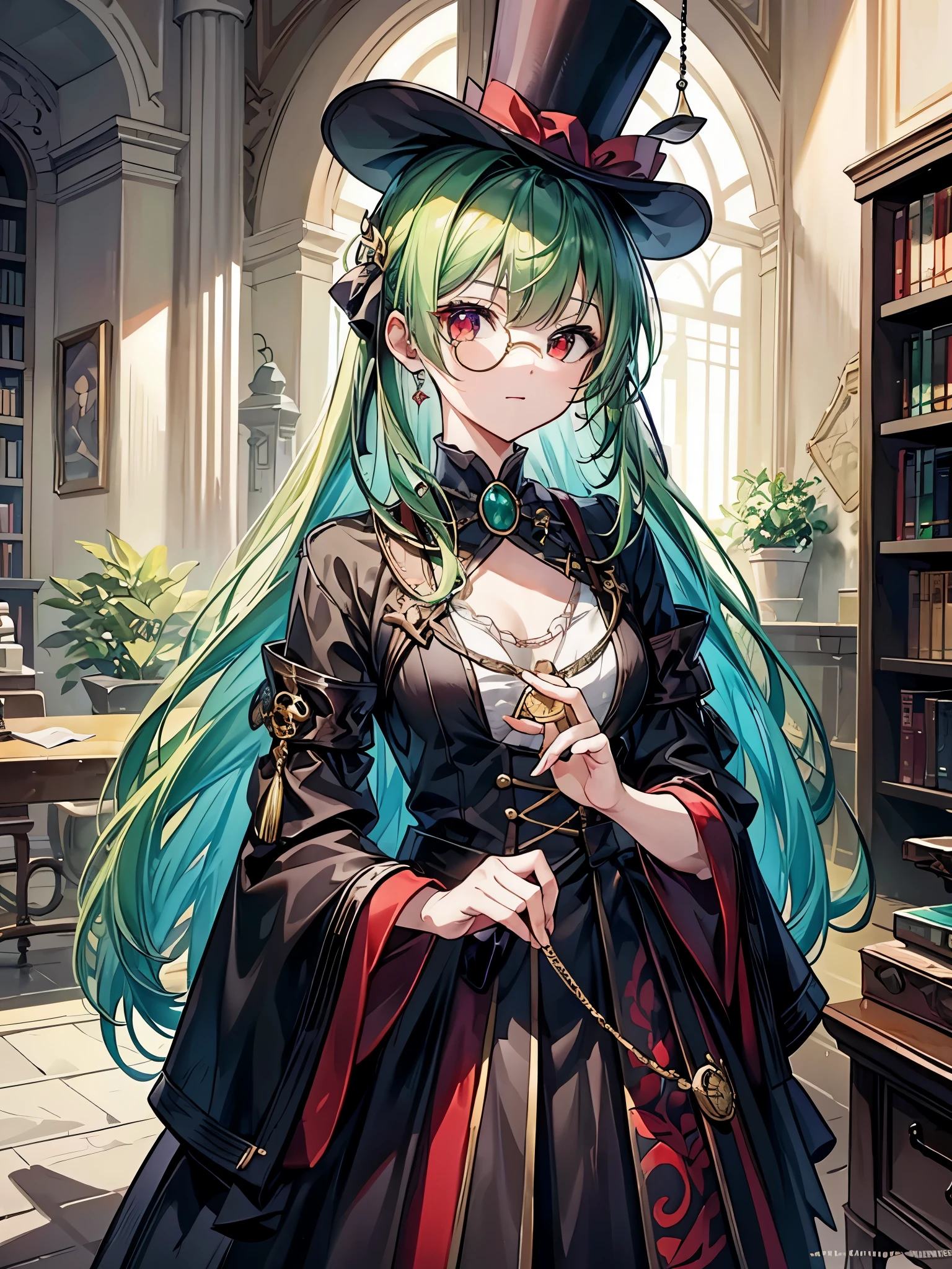 (((masterpiece、Highest image quality、highest quality、highly detailed unity 8kwallpaper)))、((Illustration of one girl、upper body))、(((beautiful girl)))、(librarian)、(Emerald green hair、sidelocks:1.2、red eyes、crazy smile:1.3)、(((flat chest)))、(monocle)、pocket watch、(((Black top hat、Black tuxedo)))、great medieval library