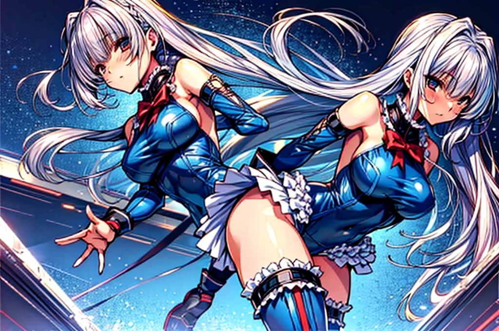 3girls, ( (Digital) (8k ), medium breasts, (frilled swimsuit, thighhighs, detached sleeves)) , highest quality, marierose,1 girl,,,(Futuristic laboratory with large capsules)