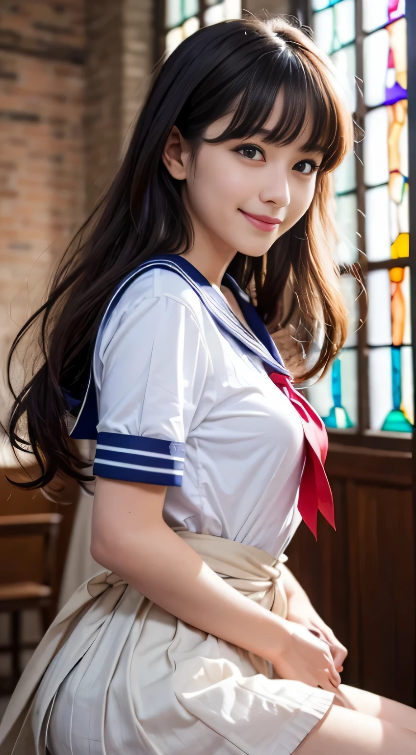 (((Draw only one woman: 2)))、18 year old beautiful Japanese woman、(A high school girl wearing a sailor uniform with short sleeves and a ribbon: 1.5)、(Japan&#39;s strict girls&#39; school sailor suit)、( High school girl sitting in the church pew: 1.2)、(Beautiful and elaborate stained glass in the background: 1.5)、((1 screen))、8K、RAW shot、highest quality photos、masterpiece、amazing realism photography、(cinematic lighting:1.5)、((Anatomically accurate proportions:1.5))、((perfect proportions))、Cute woman like a Japanese idol、detailed face、detailed eyes、narrow nose、detailed skin、(beautiful long hair:1.5 )、((Photographing from the waist up:1.8))、((face close up:1.8))、(Angle from the side)、(smile:1.5)、(transparent bangs:1.5)
