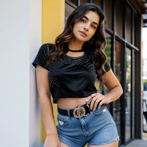 A three-quarter portrait of a woman with wavy brunette hair, fair freckled skin, and a confident expression. She is dressed in a black embellished top and white high-waisted jeans with a black belt. Her stance is assertive with one hand on her hip.