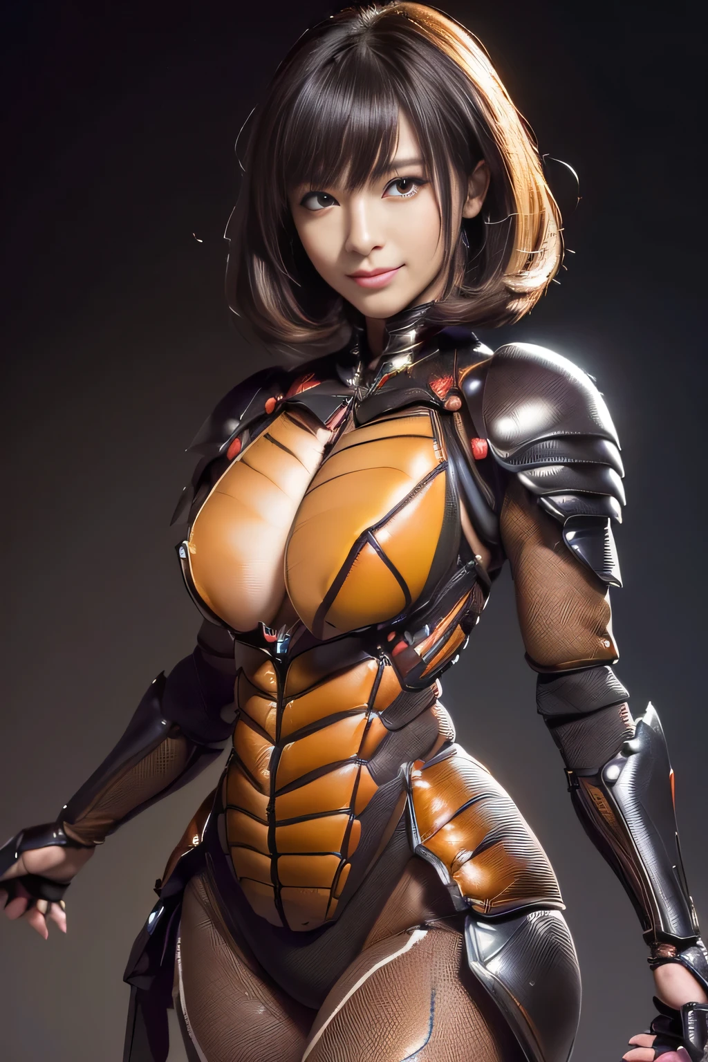 (High resolution,masterpiece,highest quality,Very detailed CG, anime, official art:1.4), realistic, photograph, amazing detail, all complicated, luster and luster,great many layers, 8k wallpaper, 3D, sketch, cute, figure,( alone:1.4), perfect female proportions,villain's daughter, (Fusion of dark brown cockroach and lady:1.4), (brown cockroach form lady:1.2), (brown cockroach woman:1.2), (Fusion:1.2), (alone:1.4), (evil smile:1.2), muscular, abs, (Cockroach brown exoskeleton bio insect suit:1.4), (Cockroach brown exoskeleton bio insect armor:1.2), (brown transparent cockroach feathers:1.4), (brown cockroach antenna:1.3),