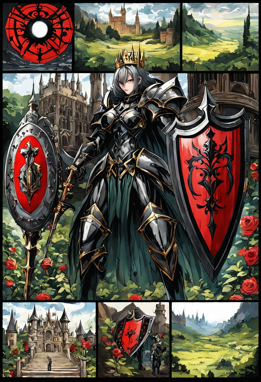 full length wide angle view Glorious Glorious Brigh Monarch King Knight wuth a (Shield:1.5) in a highly detailed Heavy black Knight armor guilded with gold,silver in a High holding a Gold and black and Crimson (Shield:1.5) ; gothic castle background; photorealistic, insanely detailed, meticulous, awe inspiring, magnificent, concept art, dark fantasy, gothic; Anne Stokes, Anna Dittman, Greg Rutowski, Josephine Wal High Gothic Dark Fantasy DarkSouls EldenRings Enchanted:Gothic : watercolor Glorious Brigh Monarch King Knight with a Long warm cloak holding a Long enchanted round (Shield:1.5) in a highly detailed Heavy black Knight armor guilded with gold,silver in a field of Colorfull Roses under an Eclipse ::| hyperdetailed: maximalist ::| Stunning masterpiece::| Jonas De Ro: russ mills, white roses and Blood red Roses under a warm Autumnal Morning Sunlight, Mark Brooks and Dan Mumford, comic book art, perfect, smooth, in Gouache Style, Watercolor, Museum Epic Impressionist Maximalist Masterpiece, Thick Brush Strokes, Impasto Gouache, thick layers of gouache watercolors textured on Canvas, 8k Resolution, Matte Painting