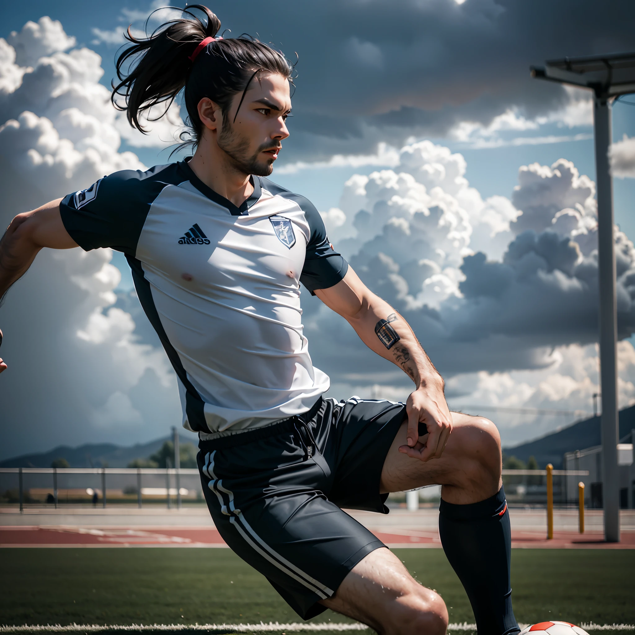 Elegantly dressed medium-haired man in ponytail playing soccer on a cloudy day, dramatic picture, high definition in the details, 8k