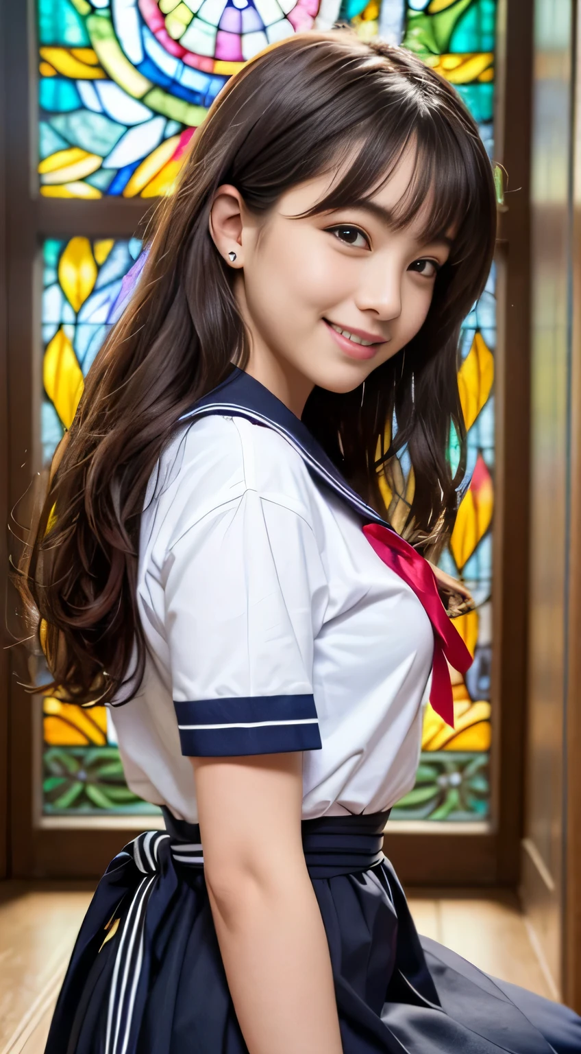 (((Draw only one woman: 2)))、18 year old beautiful Japanese woman、(A high school girl wearing a sailor uniform with short sleeves and a ribbon: 1.5)、(Japan&#39;s strict girls&#39; school sailor suit)、( High school girl sitting in the church pew: 1.2)、(Beautiful and elaborate stained glass in the background: 1.5)、((1 screen))、8K、RAW shot、highest quality photos、masterpiece、amazing realism photography、(cinematic lighting:1.5)、((Anatomically accurate proportions:1.5))、((perfect proportions))、Cute woman like a Japanese idol、detailed face、detailed eyes、narrow nose、detailed skin、(beautiful long hair:1.5 )、((Photographing from the waist up:1.8))、((face close up:1.8))、(Angle from the side)、(smile:1.5)、(transparent bangs:1.5)