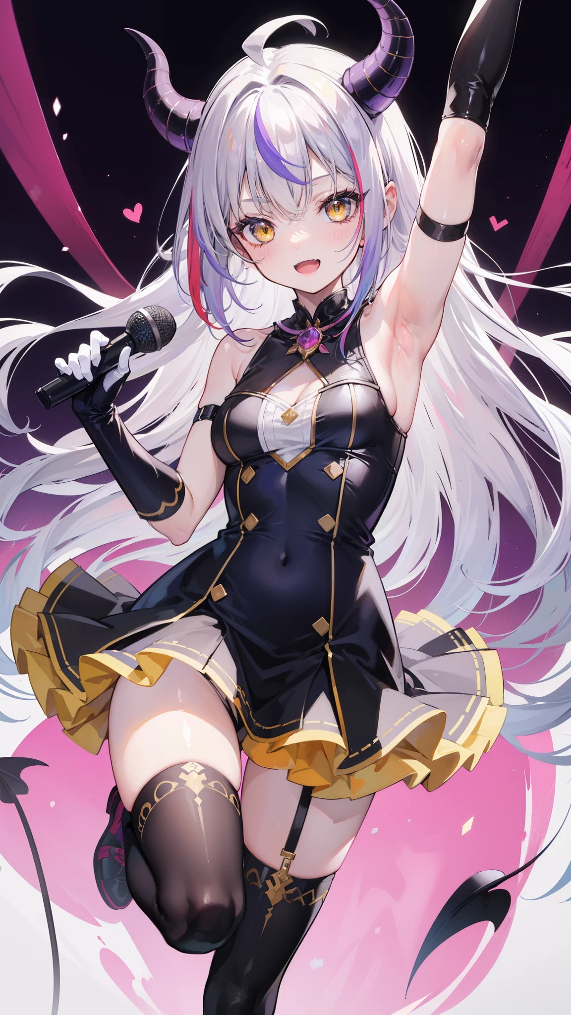 32k, 1girl, solo, long hair, looking at viewer, blush, smile, open mouth, bangs, thighhighs, gloves, dress, holding, standing, yellow eyes, purple hair, ahoge, grey hair, multicolored hair, horns, alternate costume, fang, white gloves, armpits, arm up, official alternate costume, streaked hair, standing on one leg, demon girl, demon horns, bike shorts, single thighhigh, microphone, skin fang, holding microphone, idol, idol clothes, hololive idol uniform,