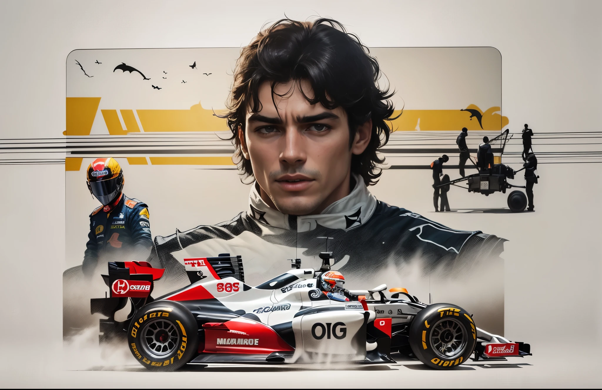 a MacLaren formula 1 car in the foreground with driver Ayrton Senna behind and technician timing the lap time and a vintage formula 1 car behind