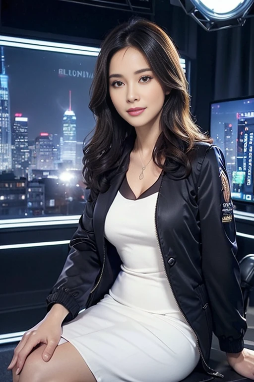 ((news broadcasting studio:1.4)), newscaster, presenter, sizable wide monitor, ((cityscape:1.4)). BREAK ((Best quality, 8k, Masterpiece :1.3)), (realistic, photorealistic:1.4)A pretty woman with perfect figure :1.4, beautiful, smile, (bright:1.4), pretty woman, (highly detailed face:1.2), cleavage, ((midi dress:1.4)), ((blouson dress:1.4)), ((business jacket:1.6)), Detailed eyes, Double eyelid, japanese pretty woman, sitting, oily skin, shiny skin, silk hair, paper on desk,