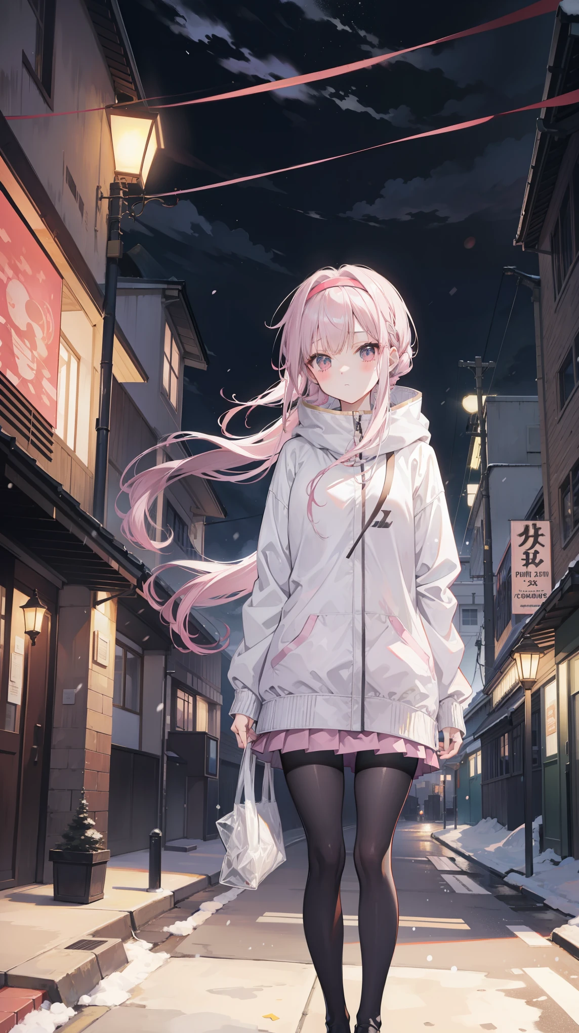 anime girl, alone, whites hair, hair tied with headbands, headband, pink pleated skirt, pantyhose, park, winter, night, streetlight, lightning, cloudy sky, thunderstorm, aurara borealis