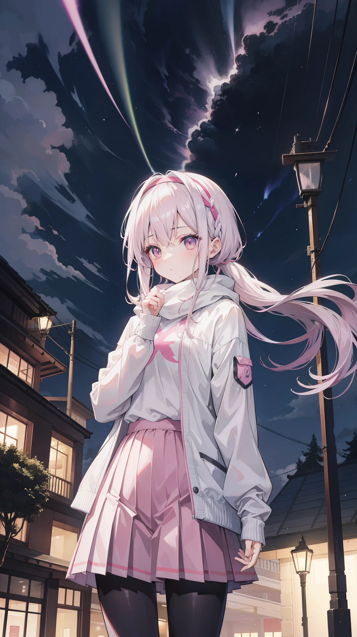 anime girl, alone, whites hair, hair tied with headbands, headband, pink pleated skirt, pantyhose, park, winter, night, streetlight, lightning, cloudy sky, thunderstorm, aurara borealis