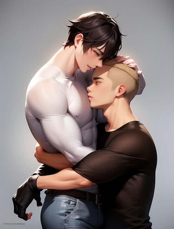 Dog、Thin macho、muscular、erotic、Tight black shirt、gay、upward glance、Height difference couple、A high school boy who is 2m tall is 1m tall..Hug a 5m high school boy、hug、2 people