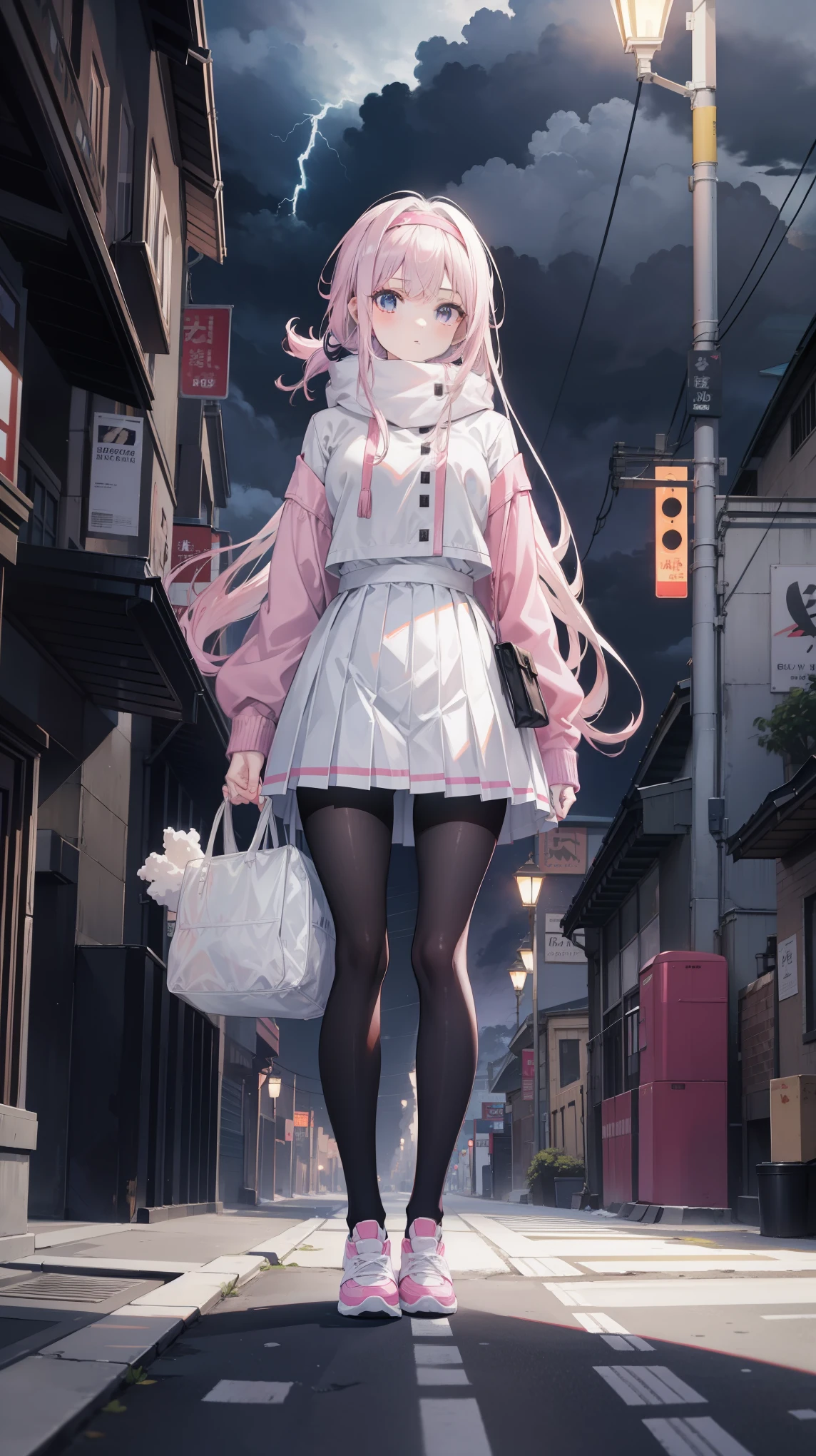 anime girl, alone, whites hair, hair tied with headbands, headband, pink pleated skirt, pantyhose, park, winter, night, streetlight, lightning, cloudy sky, thunderstorm, aurara borealis