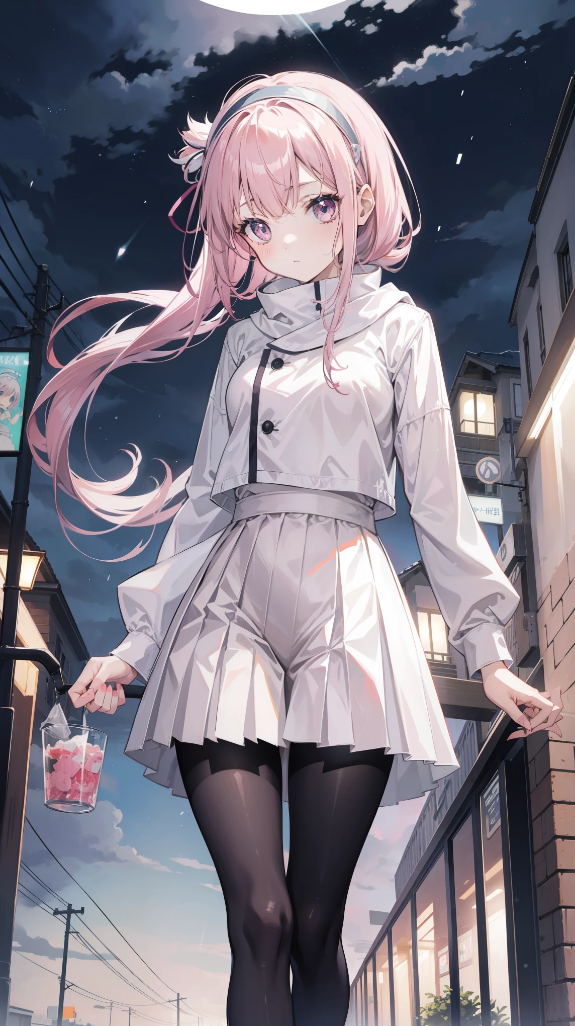 anime girl, alone, whites hair, hair tied with headbands, headband, pink pleated skirt, pantyhose, park, winter, night, streetlight, lightning, cloudy sky, thunderstorm, aurara borealis