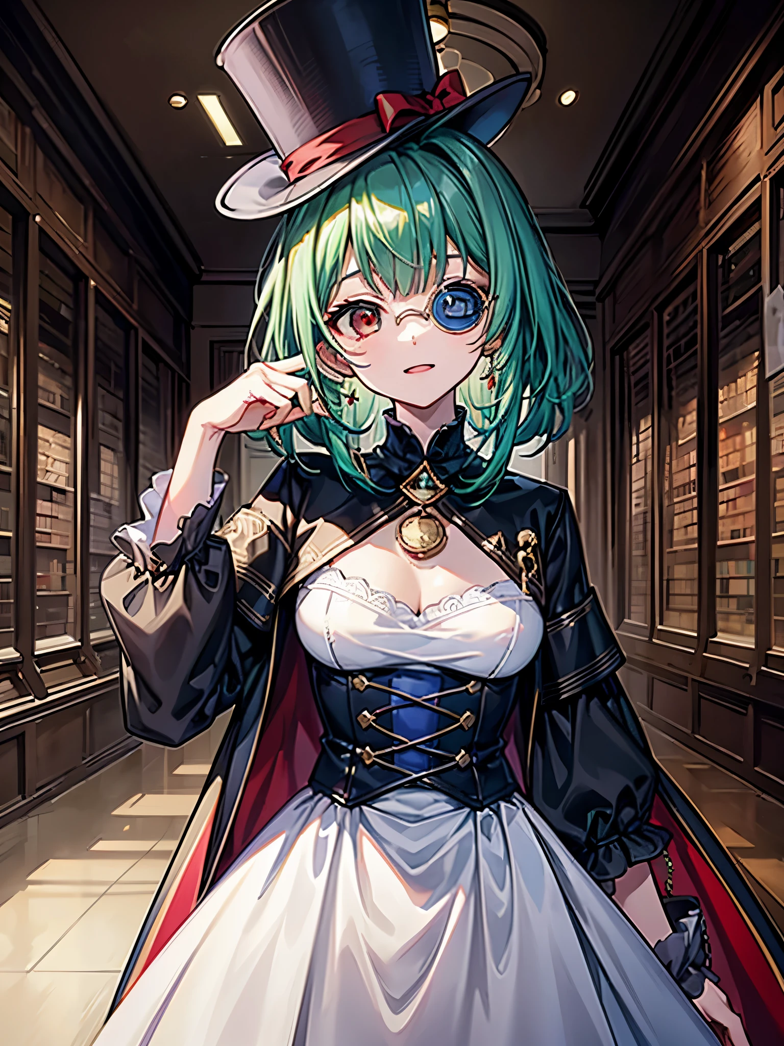 (((masterpiece、Highest image quality、highest quality、highly detailed unity 8kwallpaper)))、((Illustration of one girl、upper body))、(((beautiful girl)))、(librarian)、(Emerald green hair、sidelocks:1.2、red eyes、crazy smile:1.3)、(((flat chest)))、(monocle)、pocket watch、(((Black top hat、Black tuxedo)))、great medieval library