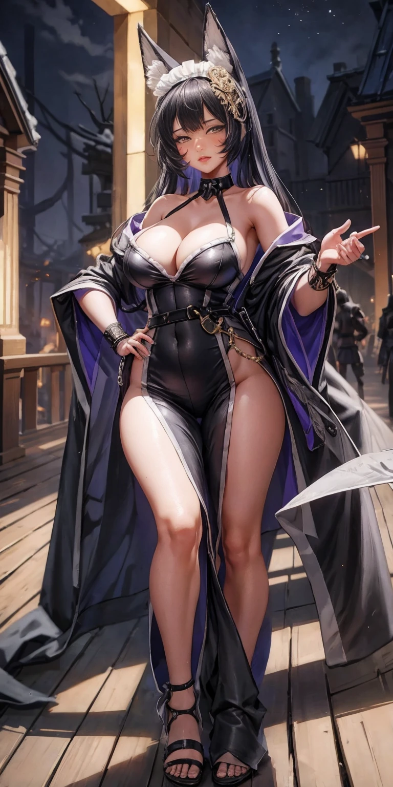 paladin lady in ornate golden armor, black collar, pauldrons, breastplate, corset, glowing halo, single braid, blonde, yellow glowing eyes, bright pupils, eye focus, red cape, temple indoors, stained glass windows, night, moonlight, particles, light beam, chromatic aberration, (full body, whole body. 1solo (girl). slave fighter, loincloth standing, hands on hips full body, whole body. 1solo (girl). slave fighter, loincloth standing, hands on hips, metal sandals, backpack, choker, big belt, view from below, feet together, bracers, tiara)