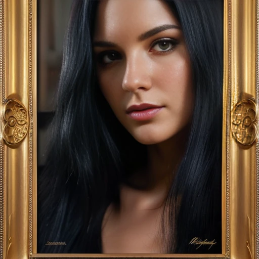 a woman with long black hair in a gold painting, in the style of charlie bowater, dark blue and dark black, michael garmash, comic art, realistic color palette, dark black and beige, soft-focused realism --ar 24:37 --stylize 750 --v 6