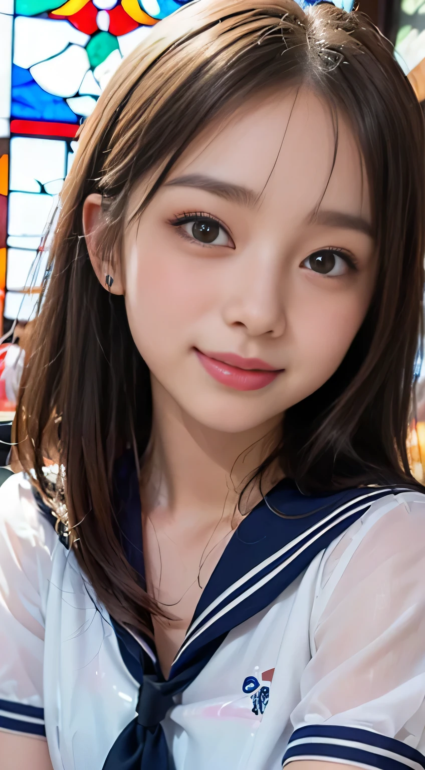 (((Draw only one woman: 2)))、18 year old beautiful Japanese woman、(A high school girl wearing a sailor uniform with short sleeves and a ribbon: 1.5)、(Japan's strict girls' school sailor suit)、( High school girl sitting in the church pew: 1.2)、(Beautiful and elaborate stained glass in the background: 1.5)、((1 screen))、8K、RAW shot、highest quality photos、masterpiece、amazing realism photography、(cinematic lighting:1.5)、((Anatomically accurate proportions:1.5))、((perfect proportions))、Cute woman like a Japanese idol、detailed face、detailed eyes、narrow nose、detailed skin、(beautiful long hair:1.5 )、((Photographing from the waist up:1.8))、((face close up:1.8))、(smile:1.5)、(transparent bangs:1.5)