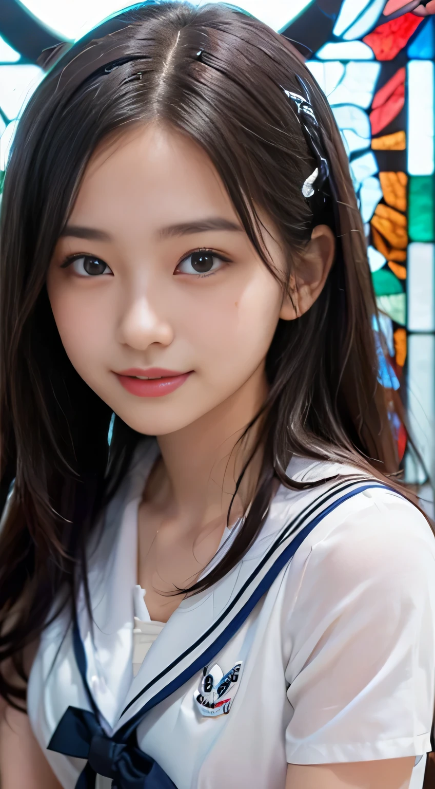 (((Draw only one woman: 2)))、18 year old beautiful Japanese woman、(A high school girl wearing a sailor uniform with short sleeves and a ribbon: 1.5)、(Japan&#39;s strict girls&#39; school sailor suit)、( High school girl sitting in the church pew: 1.2)、(Beautiful and elaborate stained glass in the background: 1.5)、((1 screen))、8K、RAW shot、highest quality photos、masterpiece、amazing realism photography、(cinematic lighting:1.5)、((Anatomically accurate proportions:1.5))、((perfect proportions))、Cute woman like a Japanese idol、detailed face、detailed eyes、narrow nose、detailed skin、(beautiful long hair:1.5 )、((Photographing from the waist up:1.8))、((face close up:1.8))、(smile:1.5)、(transparent bangs:1.5)