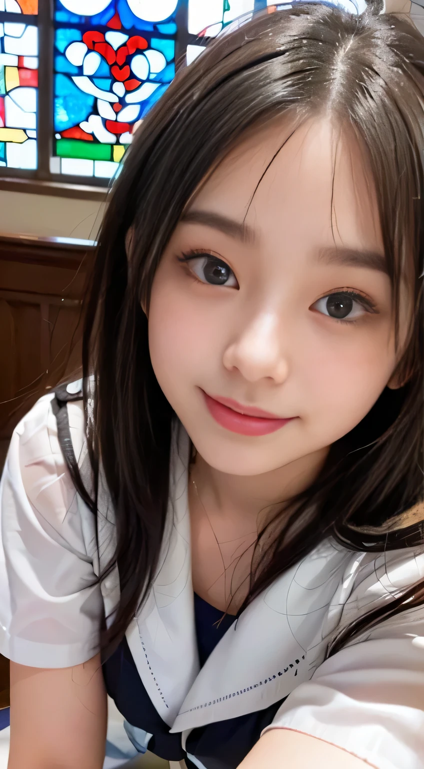 (((Draw only one woman: 2)))、18 year old beautiful Japanese woman、(A high school girl wearing a sailor uniform with short sleeves and a ribbon: 1.5)、(Japan's strict girls' school sailor suit)、( High school girl sitting in the church pew: 1.2)、(Beautiful and elaborate stained glass in the background: 1.5)、((1 screen))、8K、RAW shot、highest quality photos、masterpiece、amazing realism photography、(cinematic lighting:1.5)、((Anatomically accurate proportions:1.5))、((perfect proportions))、Cute woman like a Japanese idol、detailed face、detailed eyes、narrow nose、detailed skin、(beautiful long hair:1.5 )、((Photographing from the waist up:1.8))、((face close up:1.8))、(smile:1.5)、(transparent bangs:1.5)
