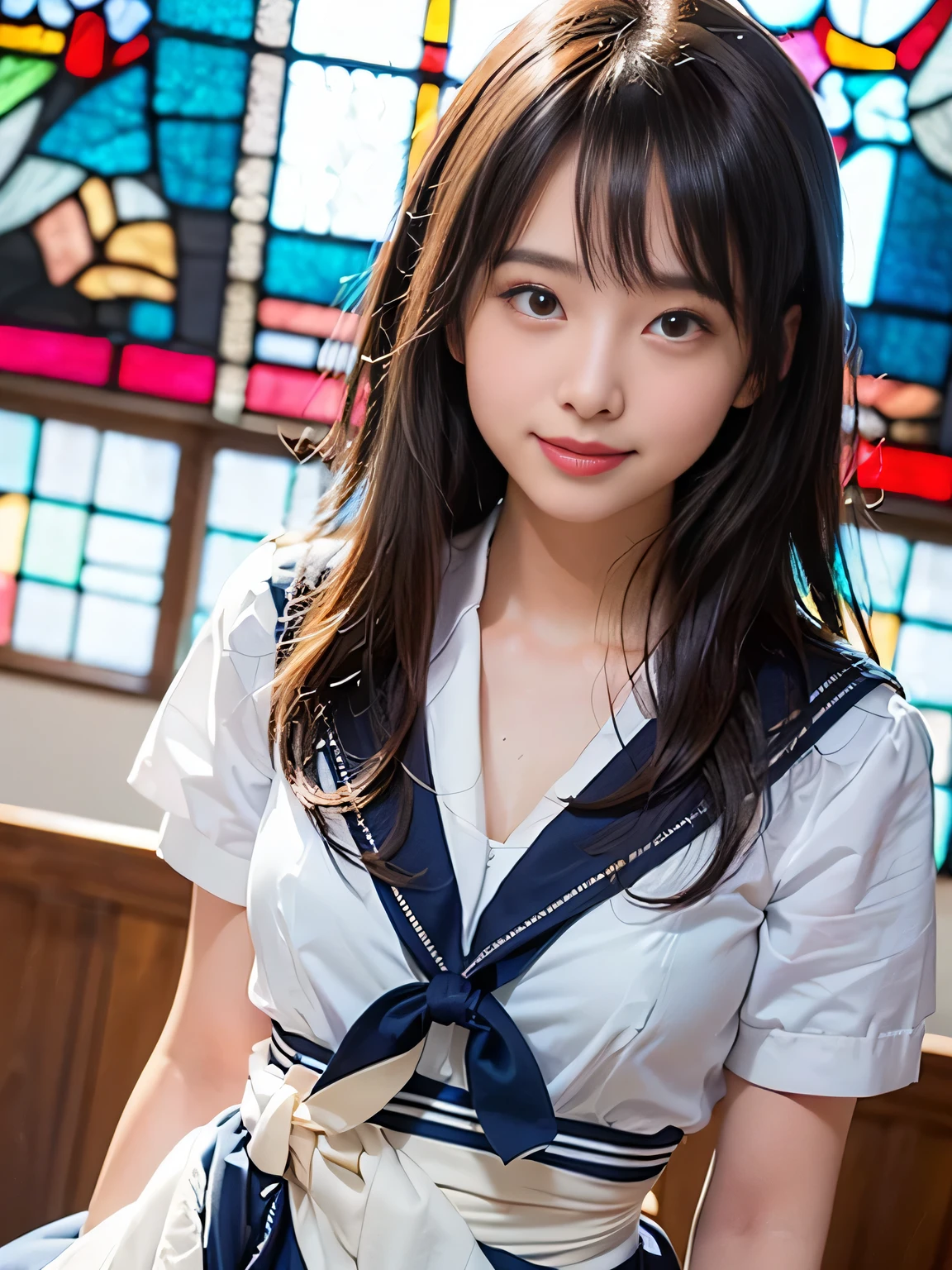 (((Draw only one woman: 2)))、18 year old beautiful Japanese woman、(A high school girl wearing a sailor uniform with short sleeves and a ribbon: 1.5)、(Japan's strict girls' school sailor suit)、( High school girl sitting in the church pew: 1.2)、(Beautiful and elaborate stained glass in the background: 1.5)、((1 screen))、8K、RAW shot、highest quality photos、masterpiece、amazing realism photography、(cinematic lighting:1.5)、((Anatomically accurate proportions:1.5))、((perfect proportions))、Cute woman like a Japanese idol、detailed face、detailed eyes、narrow nose、detailed skin、(beautiful long hair:1.5 )、((Photographing from the waist up:1.8))、((face close up:1.8))、(smile:1.5)、(transparent bangs:1.5)
