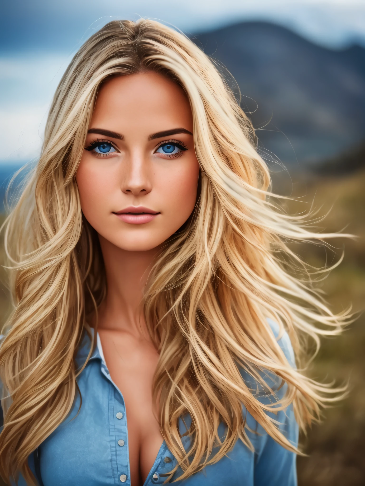 Photorealistic of a insanely beautiful woman with blonde windy messy hair, light frekles, no makeup, in the style of panasonic lumix s pro 50mm f/1.4, light beige and dark azure, celebrity images mashups, high realism, barbiecore, unreal engine 5, 32k uhd, luminous quality, swiss realism, niji 5