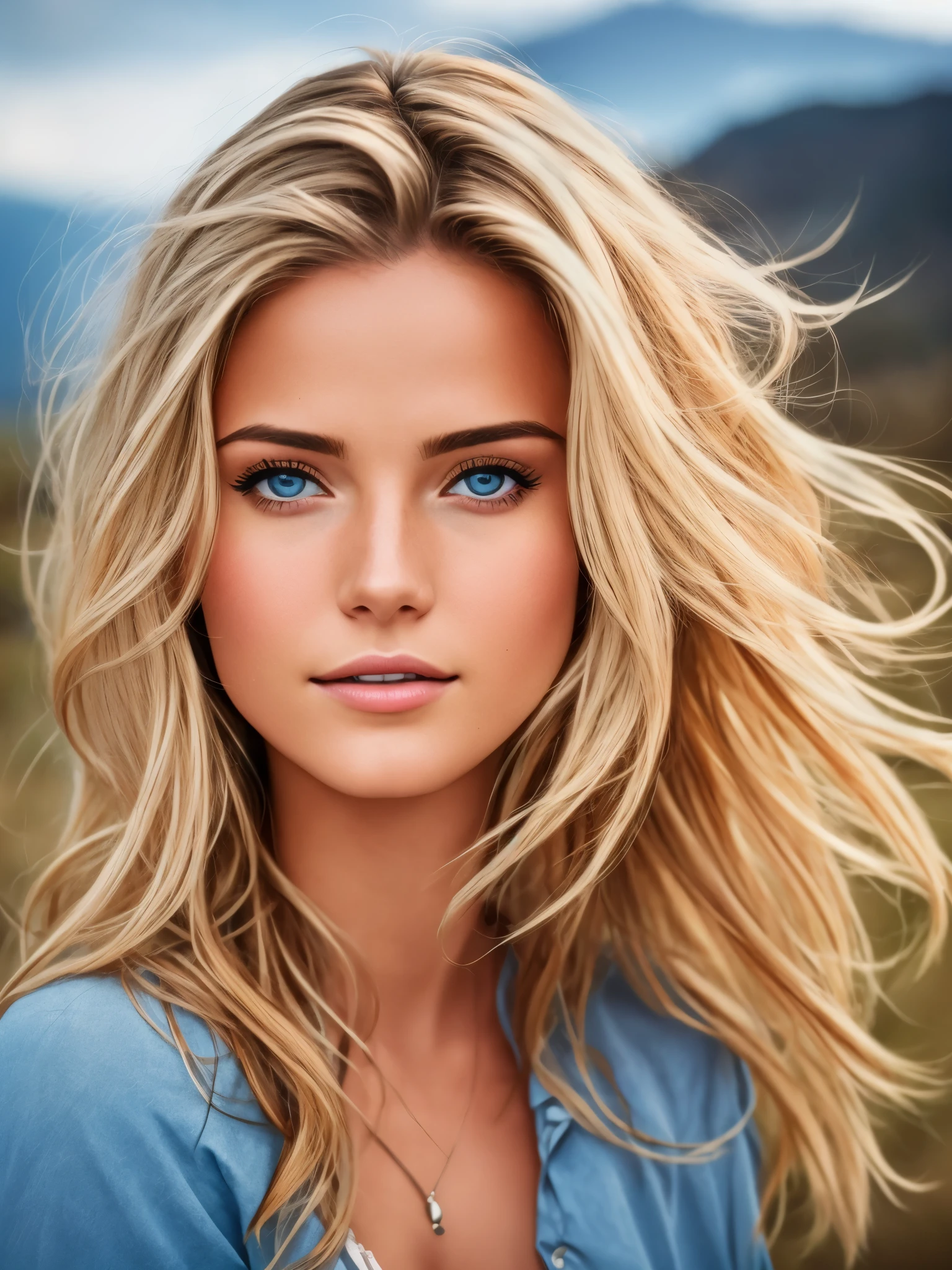 Photorealistic of a insanely beautiful woman with blonde windy messy hair, light frekles, no makeup, in the style of panasonic lumix s pro 50mm f/1.4, light beige and dark azure, celebrity images mashups, high realism, barbiecore, unreal engine 5, 32k uhd, luminous quality, swiss realism, niji 5