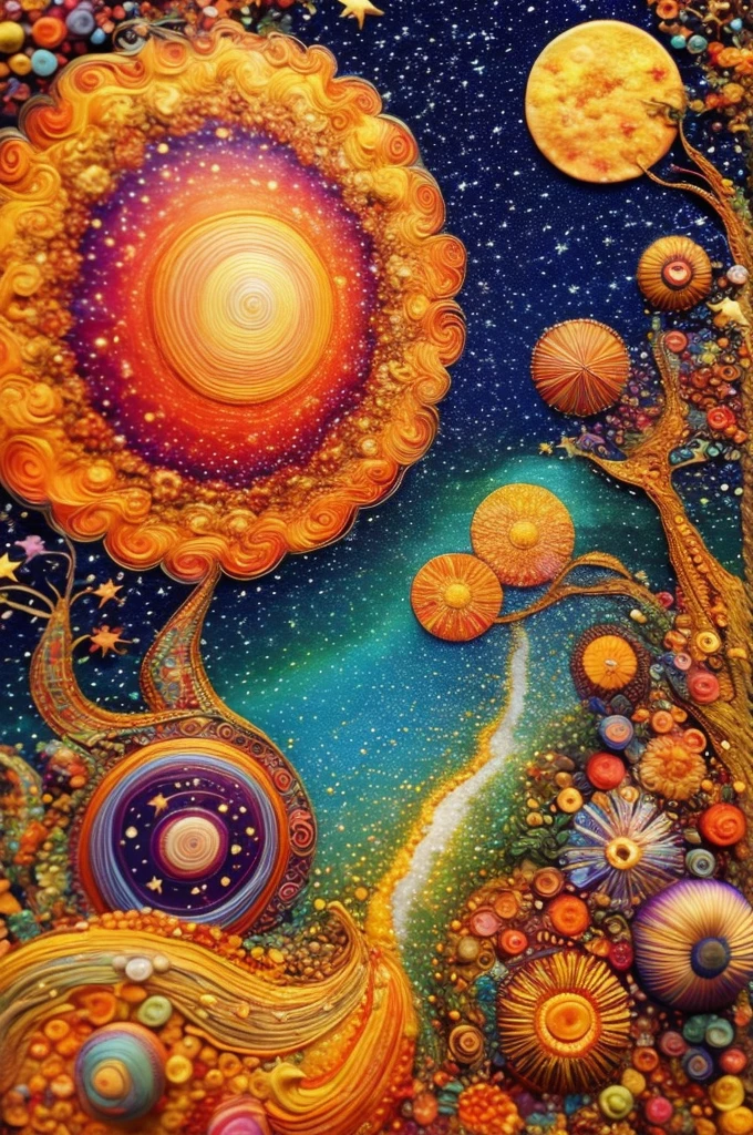 Best quality, masterpiece, ultra high res, (photo realistic:1.4), surrealism, dream-like,
Backward Galaxy, ((abstract art)),
Embroidery,(Masterpiece, BestQuality:1.3),abstract pointillist representation, a myriad of circles and dots in varying sizes, a shamanic wisent, background ablaze with fiery sunset hues transitioning to soothing nature tones, tranquil golden reflection, African Animals,Gateway to the universe, endless sky and sunsets, countless stars in the galaxy