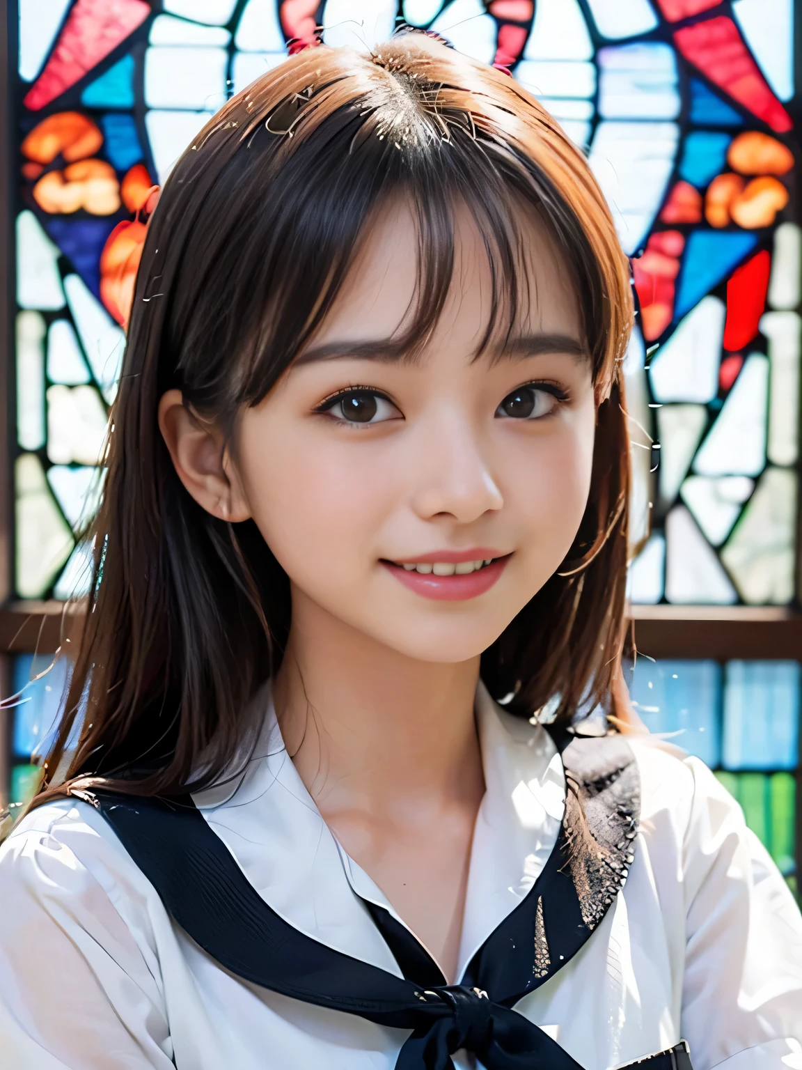 (((Draw only one woman: 2)))、18 year old beautiful Japanese woman、(A high school girl wearing a sailor uniform with short sleeves and a ribbon: 1.5)、(Japan's strict girls' school sailor suit)、( High school girl sitting in the church pew: 1.2)、(Beautiful and elaborate stained glass in the background: 1.5)、((1 screen))、8K、RAW shot、highest quality photos、masterpiece、amazing realism photography、(cinematic lighting:1.5)、((Anatomically accurate proportions:1.5))、((perfect proportions))、Cute woman like a Japanese idol、detailed face、detailed eyes、narrow nose、detailed skin、(beautiful long hair:1.5 )、((Photographing from the waist up:1.8))、((face close up:1.8))、(smile:1.5)、(transparent bangs:1.5)
