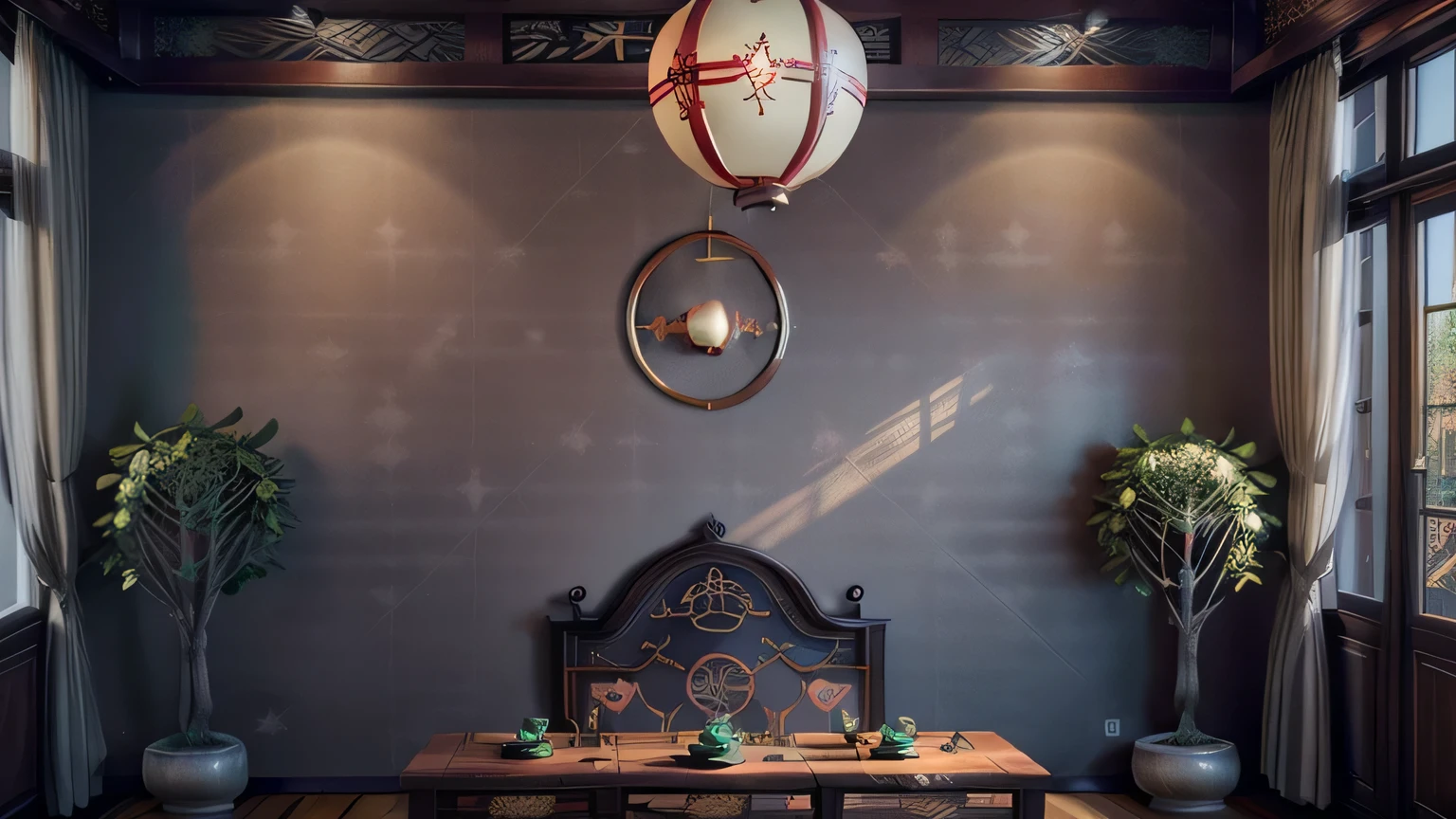 (antique interior design), Chinese home furnishings, depth, symmetrical design, ((antique carved door beams, carved beam paintings, tables and chairs, bonsai, vases, porcelain, trees, flowers, Chinese lamps, embroidery, screens, beds, cushions)), exquisite home, rich details, ancient Chinese Ming dynasty style, quiet and elegant atmosphere, warm colors as the keynote, cinematic lighting effects, high-definition picture quality, soft light, Tyndall effect, dreamy, rich details, refer to Gu Kaizhi, 32k, high quality, high resolution, (very detailed CG unity 8k wallpaper)