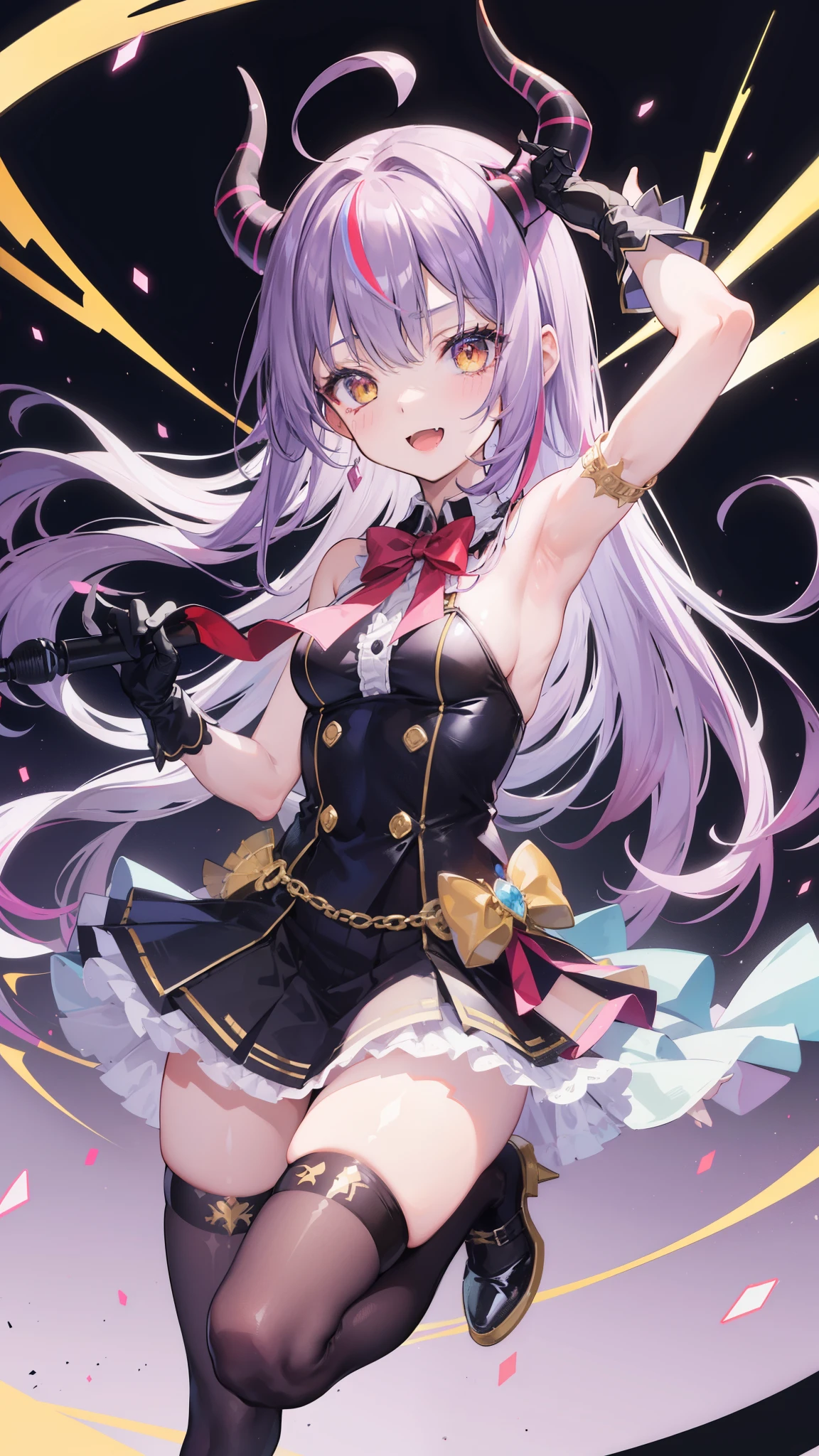 32k, 1girl, solo, long hair, looking at viewer, blush, smile, open mouth, bangs, thighhighs, gloves, dress, holding, standing, yellow eyes, purple hair, ahoge, grey hair, multicolored hair, horns, alternate costume, fang, white gloves, armpits, arm up, official alternate costume, streaked hair, standing on one leg, demon girl, demon horns, bike shorts, single thighhigh, microphone, skin fang, holding microphone, idol, idol clothes, hololive idol uniform,