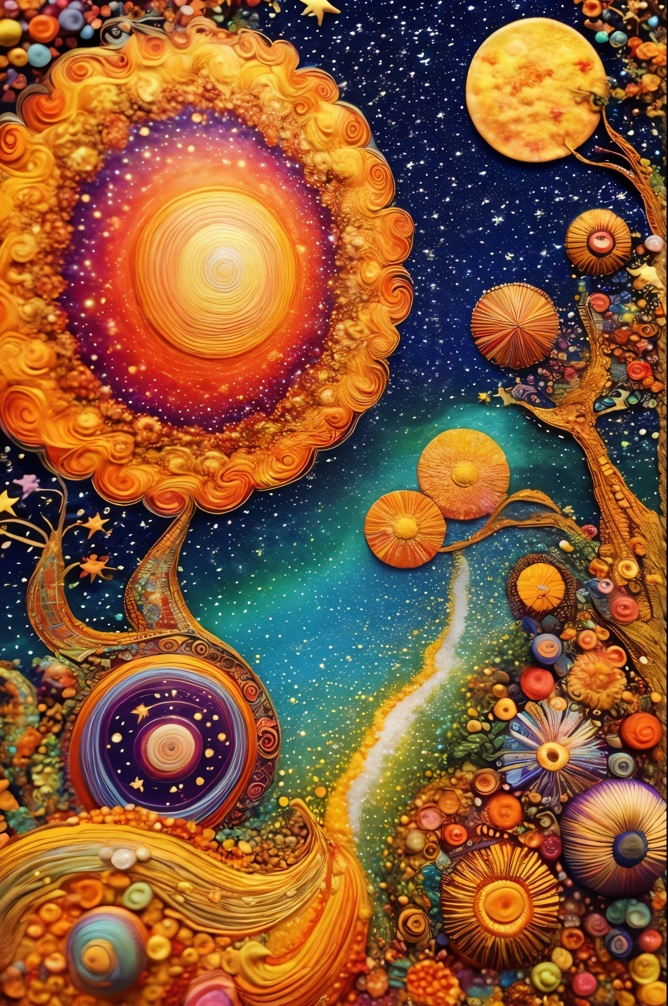 Best quality, masterpiece, ultra high res, (photo realistic:1.4), surrealism, dream-like,
Backward Galaxy, ((abstract  art)),
Embroidery,(Masterpiece, BestQuality:1.3),abstract pointillist representation, a myriad of circles and dots in varying sizes, a shamanic wisent, background ablaze with fiery sunset hues transitioning to soothing nature tones, tranquil golden reflection, African Animals,Gateway to the universe, endless sky and sunsets, countless stars in the galaxy