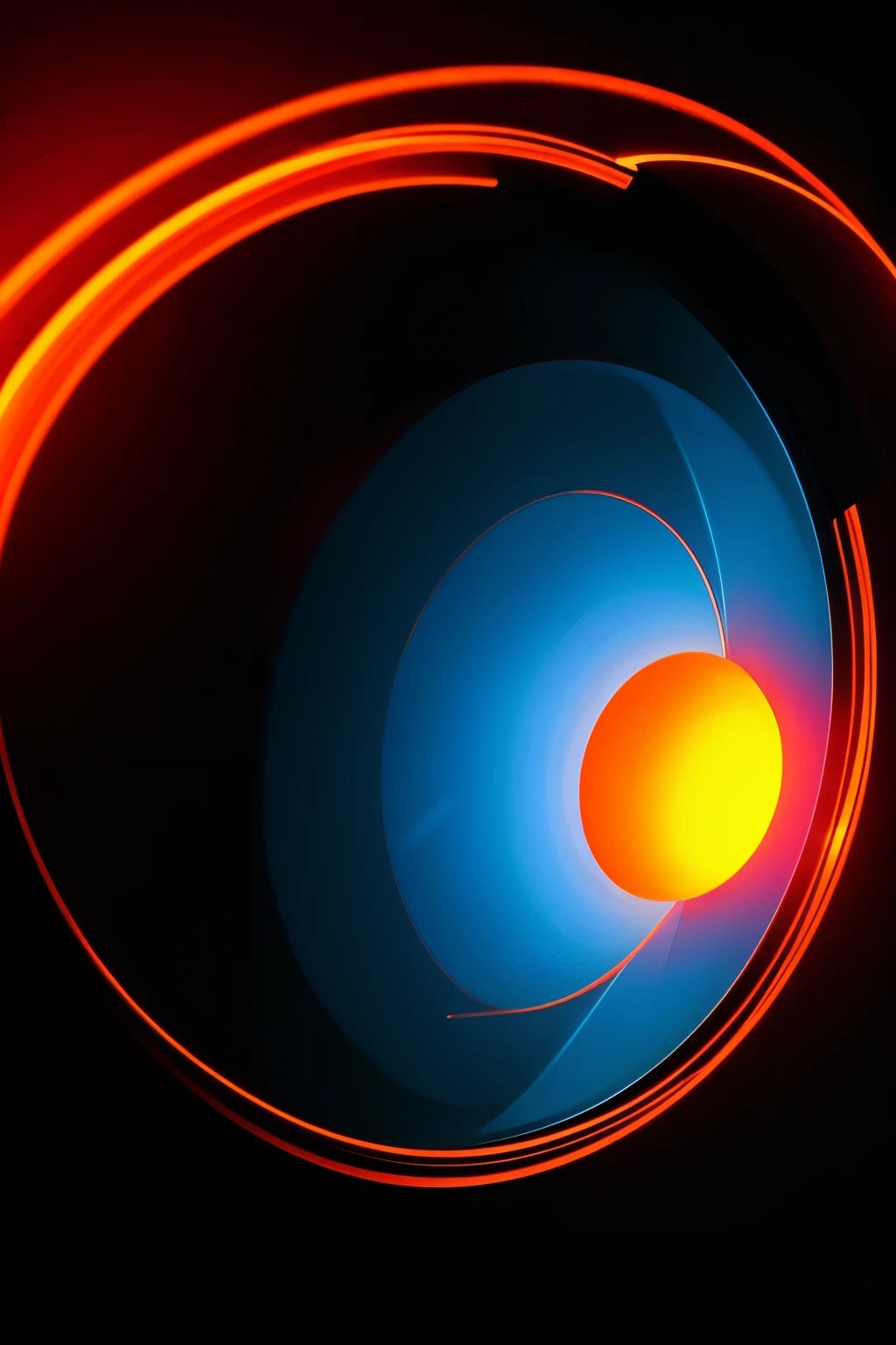 futuristic mirror ball,background is black,Orange light beams radiate out.