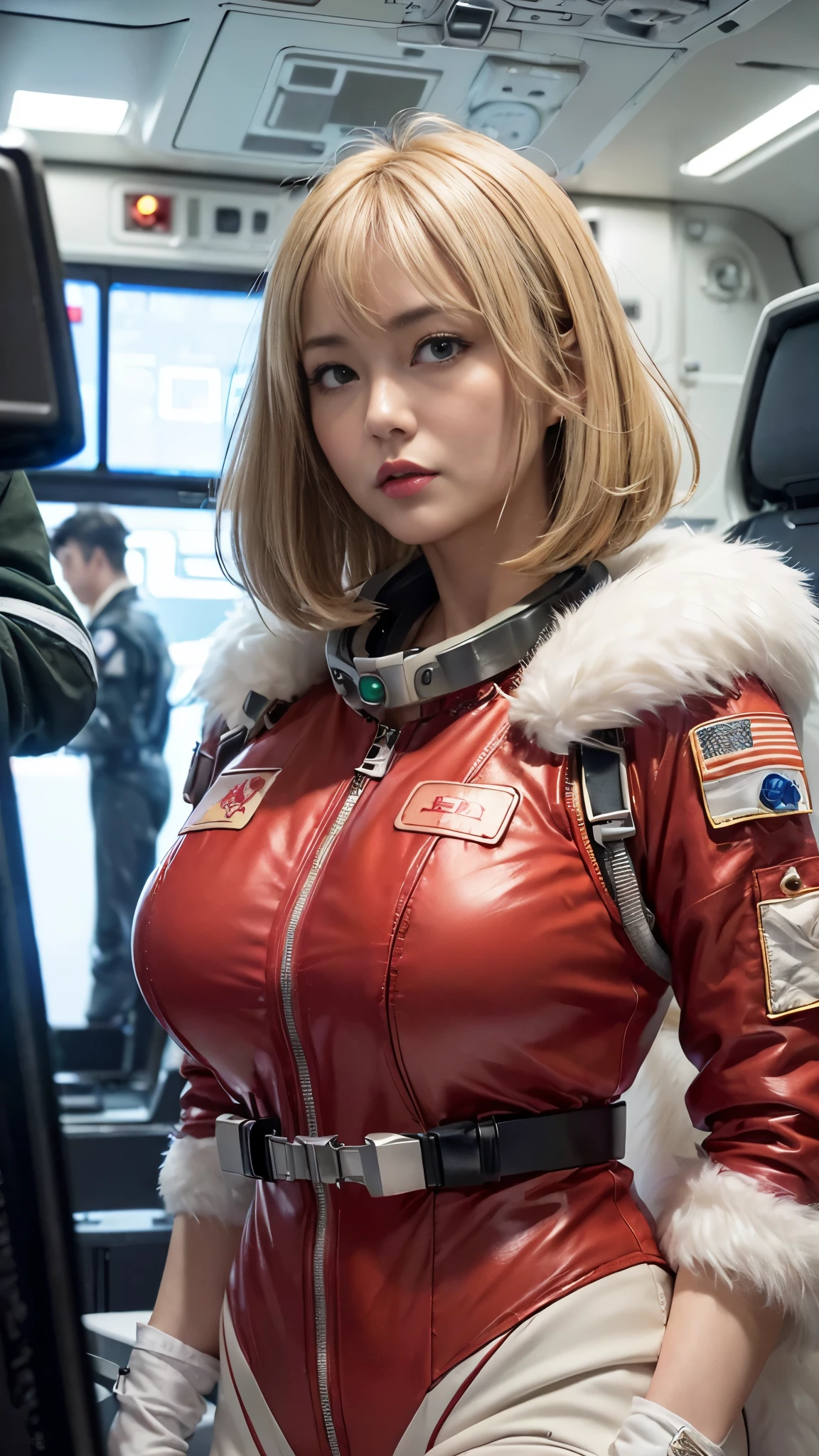 (hyper realstic)、Future Female Pilots、
immensity Beautie high-level image quality hight resolution Realistic Shorthair a blond、 a blondの女性、A MILF、Middle-aged woman、((Big big))、detailed skin textures、超hight resolution、Realistic、Voluptuous body shape、angry looking face、Middle-aged beauty、Beautiful expression、Detailed green ironed fluffy hair、Kamimei、非常に繊細でdetailed skin textures、35A woman piloting a giant space station)、female pilot batlight red lips、((Wear a red flight suit))、(((Alone)))、