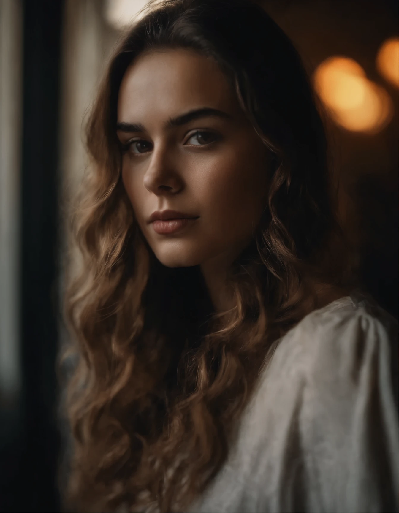 A girl in a dark and moody setting, taking a selfie with an orange edit. Posing against a dimly lit background, she captures her reflection with her smartphone. Her beautifully detailed eyes gaze intensely into the camera as she pouts her lips, highlighting the detailed features of her face. The atmosphere is enhanced with an orange edit, giving the image a warm and dramatic tone. In the background, subtle shadows and light interplay to create depth. The high-quality rendering showcases ultra-detailed textures and sharp focus, resulting in a photorealistic masterpiece. The overall mood of the image is mysterious and captivating.