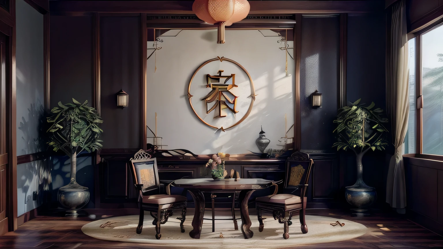 (antique interior design), Chinese home furnishings, depth, symmetrical design, ((antique carved door beams, carved beam paintings, tables and chairs, bonsai, vases, porcelain, trees, flowers, Chinese lamps, embroidery, screens, beds, cushions)), exquisite home, rich details, ancient Chinese Ming dynasty style, quiet and elegant atmosphere, warm colors as the keynote, cinematic lighting effects, high-definition picture quality, soft light, Tyndall effect, dreamy, rich details, refer to Gu Kaizhi, 32k, high quality, high resolution, (very detailed CG unity 8k wallpaper)
