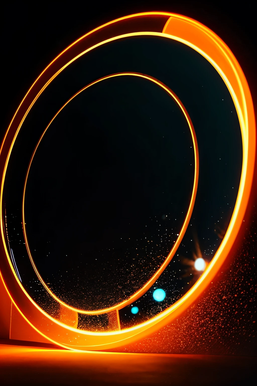 futuristic mirror ball,background is black,Orange light beams radiate out.