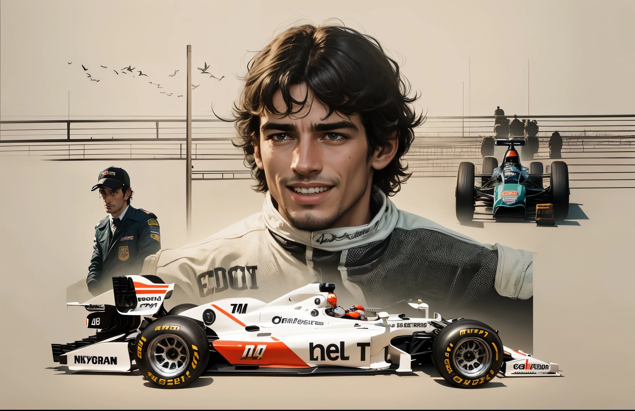 a MacLaren formula 1 car in the foreground with driver Ayrton Senna behind and technician timing the lap time and a vintage formula 1 car behind