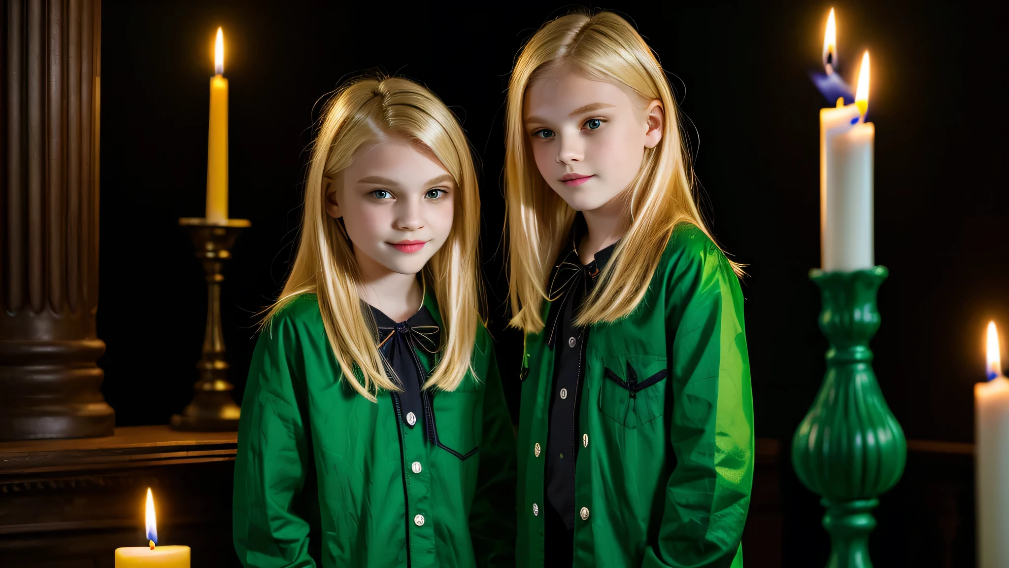 KIDS vampire blonde green clothes. and candles, green light candles.