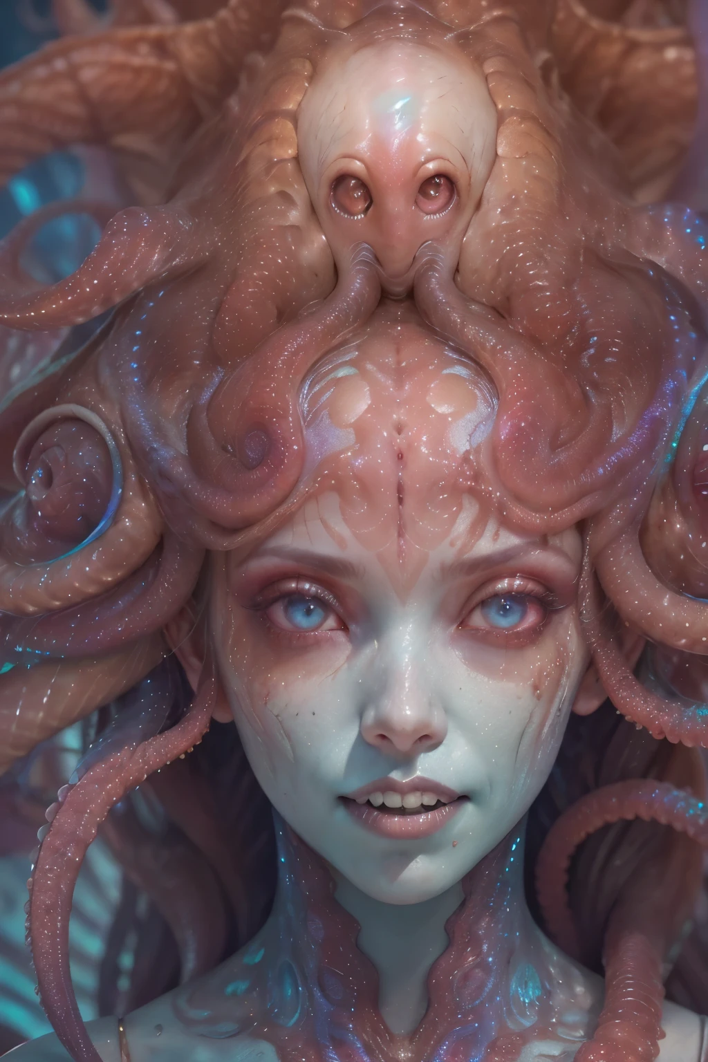 (1 beautiful and obscene female alien:1.4), (There is a female genital-like organ in the middle of her forehead:1.95), She has medusa-like hair, (there are lots of translucent tentacles from her head like her hair:1.8), (vulgarity1.7), (she is looking at viewers with glowing red eyes with no pupils:1.8), (She has translucent pale skin:1.7),(She has the most beautiful face in the history of the universe:1.2), (She has multiple bioluminescent organs on the side of her tentacles:1.4), (Her body is covered with an iridescent exoskeleton:1.6), (She is showing her arm pits:1.4), an evil gaze that seduces, (large mouth:1.1), (sharp teeth like a vampire:1.2), Full body portrait, (bio luminescent:1.5), (Smile wickedly:1.3), (sexypose:1.5), alien, No humans, cells are fused, extraterrestrial, cell, bio image, masterpiece, ultra high resolution, (photos realistic:1.7), (scary and sexy detailed art in vivid color:1.6), best quality, 8K,In 4K_quality, High freshness, Dramatic Lighting, cinematic quality, (exquisite details:1.2), (Thick eyebrows:1.2), Beautiful eyes with fine symmetry,(Highly detailed face and eyes:1.2),(Super detailed skin quality feeling:1.4), perfect anatomy, (Beautiful toned body:1.5), (Moist skin:1.2), not wearing makeup, (dark circles:1.1), long canines, cinematic drawing of characters, cinematic quality, (exquisite details:1.2), high resolution, drawing faithfully, official art, Unity 8K Wall paper, ultra detailed artistic photography, midnight aura, unreal engine 5, Ultra Sharp Focus, art by Amano Yoshitaka, ArtGerm, Roisch, intricate artwork,ultra realistic realism, dream-like, Creation of fantasy, dream Snail, (biopunk nautilus:1.3),Thrilling color schemes, seductively smiling, Amazing mutation, well-proportioned body, (goddess of the deep sea:1.5), fractal, Geometric pattern, impossible figures,(asymmetry:1.4), (white tentacles with blue stripes:1.4), subtle emerald green accents, (expression of ecstasy:1.6)