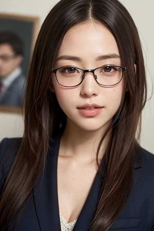 8K、Raw photo、highest quality、masterpiece:1.2)、(realistic、Photoreal:1.37)、super detailed、Super high resolution、1 girl、see the beholder、beautiful and detailed face、laughter、narrow、(slim waist) :1.3)、hair length、Beautiful and smooth skin、skin texture、floating hair、wearing a suit、professional lighting、inside the office、Square glasses with black edging 、human body as a whole、brown hair、Slightly plump face