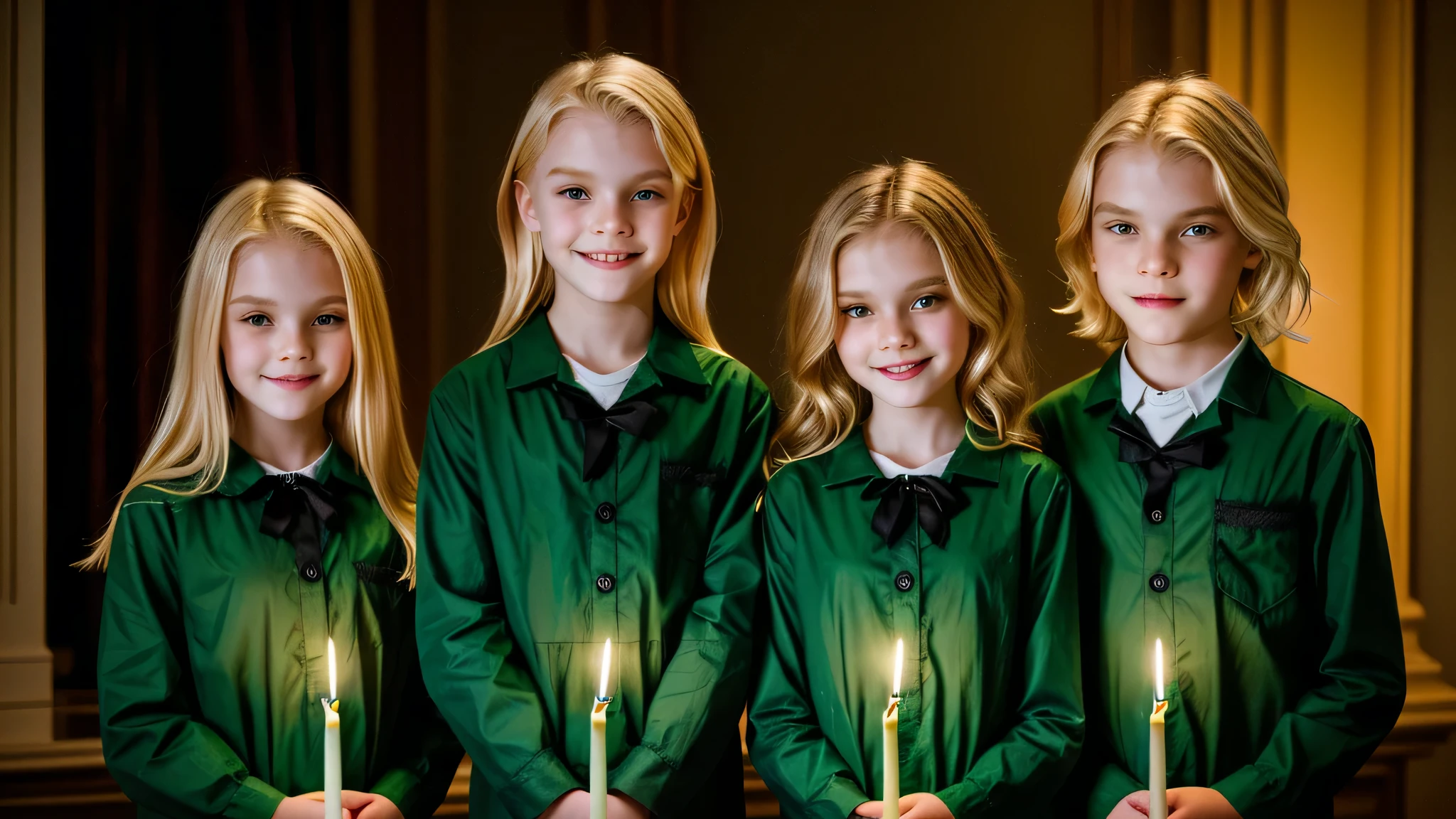 KIDS vampire blonde green clothes. and candles, green light candles.