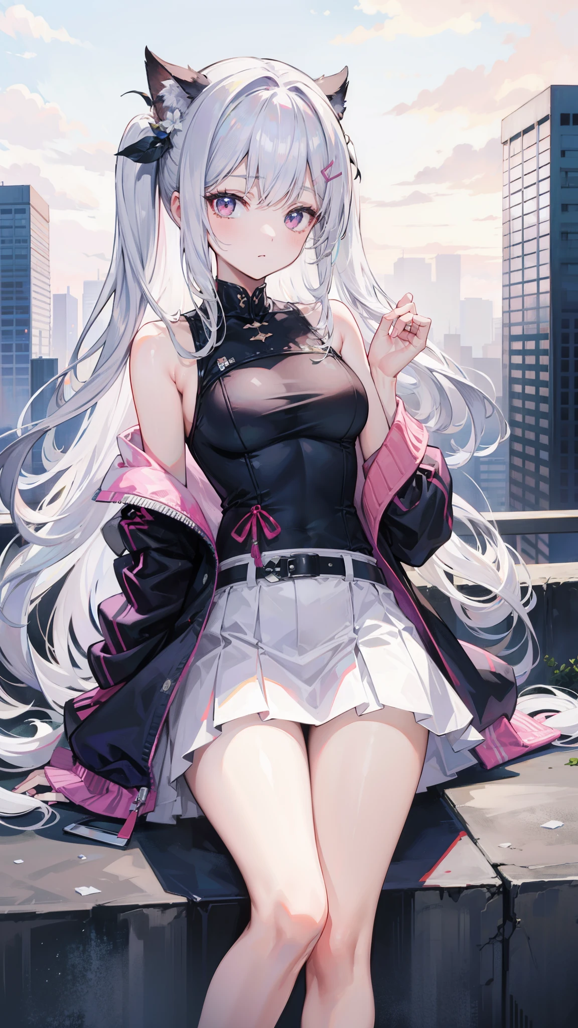 anime girl, long white hair, pastel pink eyes, with a beautiful background of a city, good anatomy, 8k, high resolution，不同动作且优美