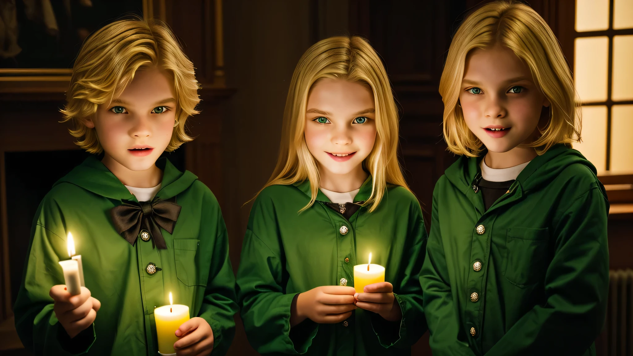 KIDS vampire blonde green clothes. and candles, green light candles.