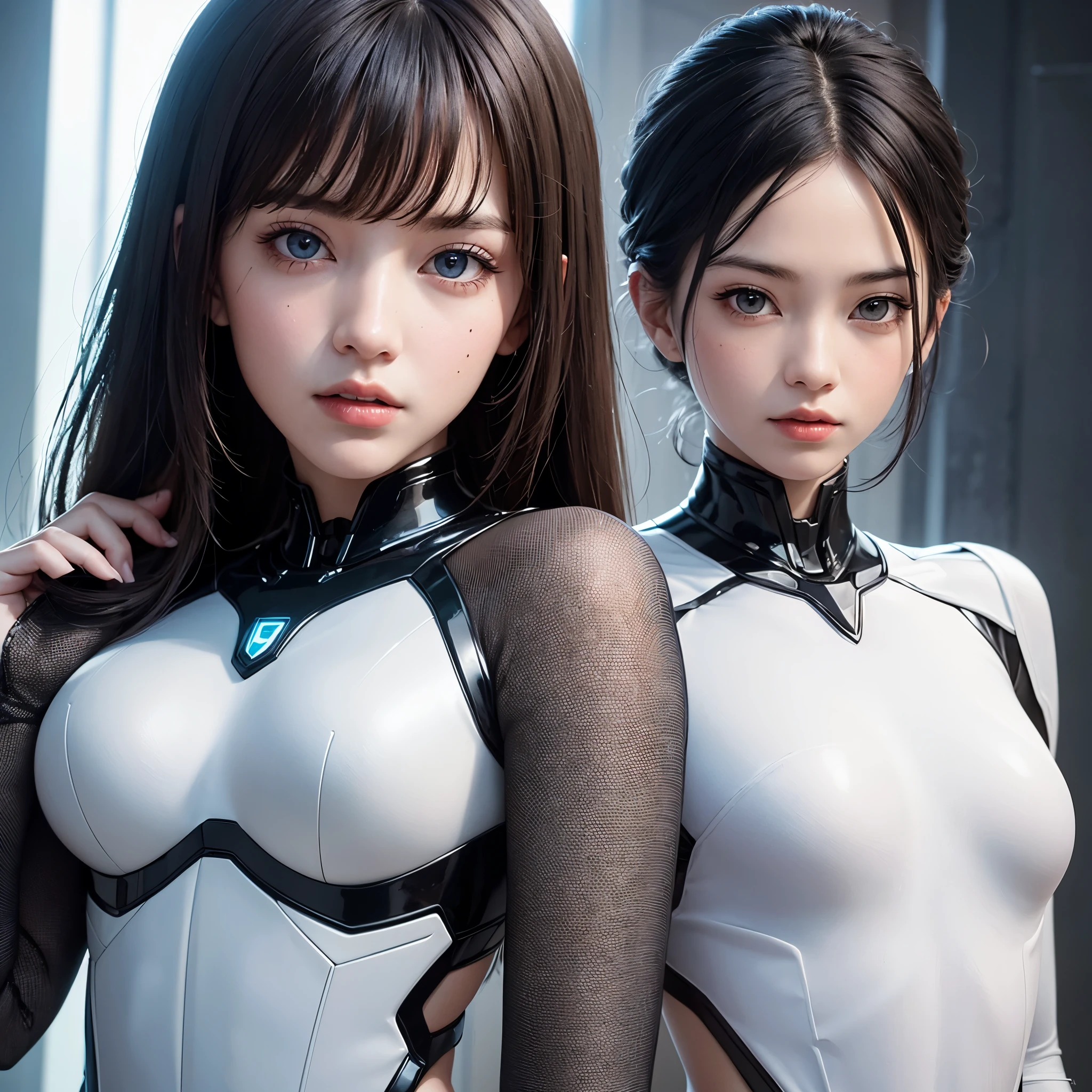 ((1 girl)), ((masterpiece)), Lovely,pretty face, blue eyes:1.2, ((black hair)), (shiny hair), nude lips, big breasts, Big , whole body, looking at the audience, masterpiece:1.5, ((Beautiful and delicate eyes)), Lovely eyes, best quality, Perfect body, shining body, (overexposure),Cinema lighting, dynamic lighting, ((Correct hand anatomy)), very high resolution, high resolution, (((Super detailed))), (extremely delicate and beautiful), (((Beautiful and delicate eyes))), depth of field, There is a woman in a white suit posing for a photo, Gothic web set, Chrome set, Dystopian sci-fi set, futuristic clothing, whole body X-Force 套装, Wear technical clothing and armor, Wearing a dark space mercenary uniform, shiny white armor, Abandoned mecha on the background, Cyberpunk Pearl Armor, cyberpunk suit, Female protagonist, Fair and translucent skin