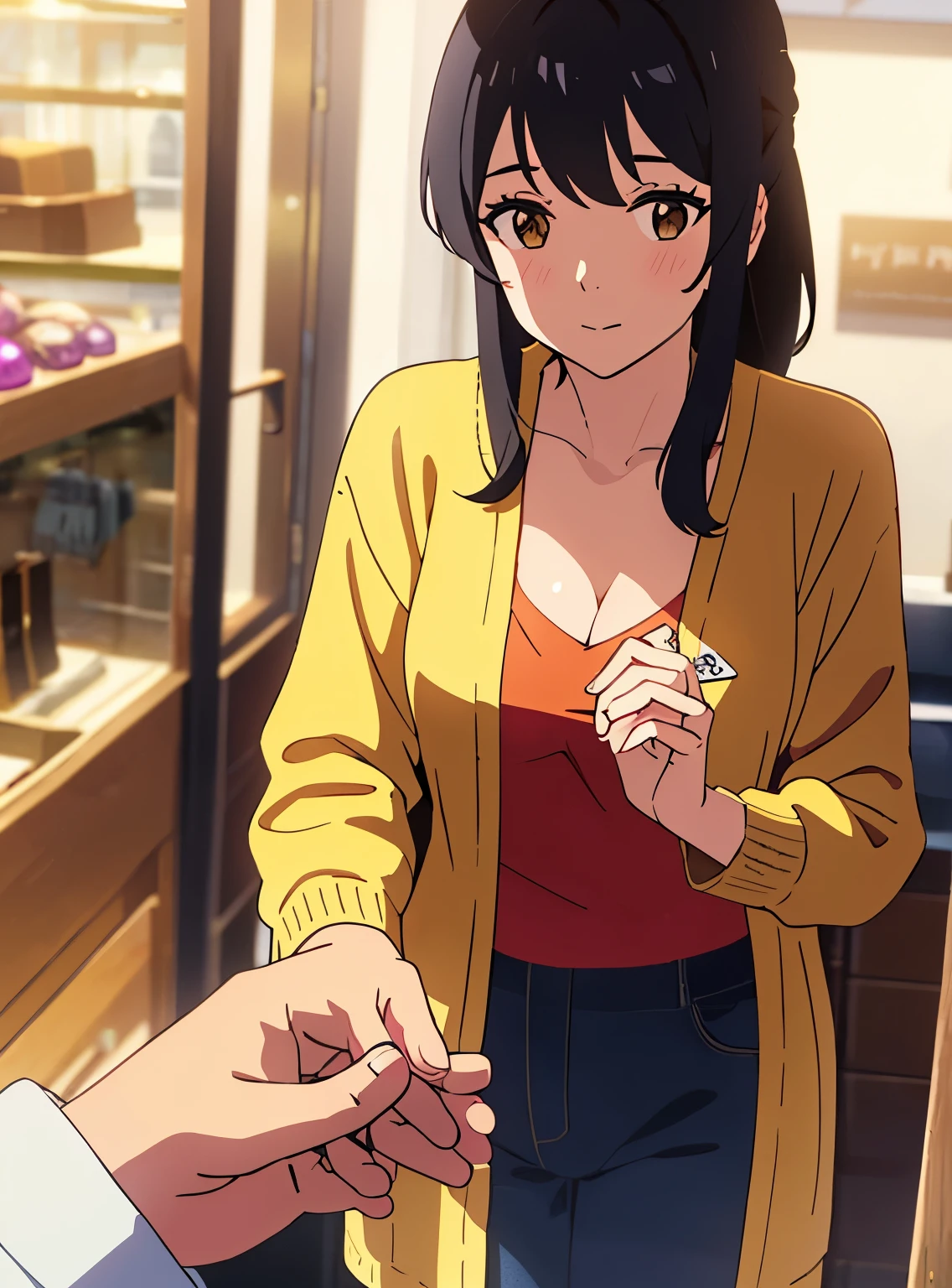 shinkai makoto, kimi no na wa., 1girl, bangs, black hair, brown eyes, waterfall braid, red ribbon, long hair, long sleeve light yellow cardigan, open shirt, yellow shirt, cleavage, breast, medium breast, Orange shirt, name tag written "LUMINE Miyamizu", looking at the viewer, indoors, jewelry products, jewelry shop, jewelry saleswoman, indoors, mall, masterpiece, perfect anatomy, cowboyshot, POV (POV boy's hands holding girl's hands POV)