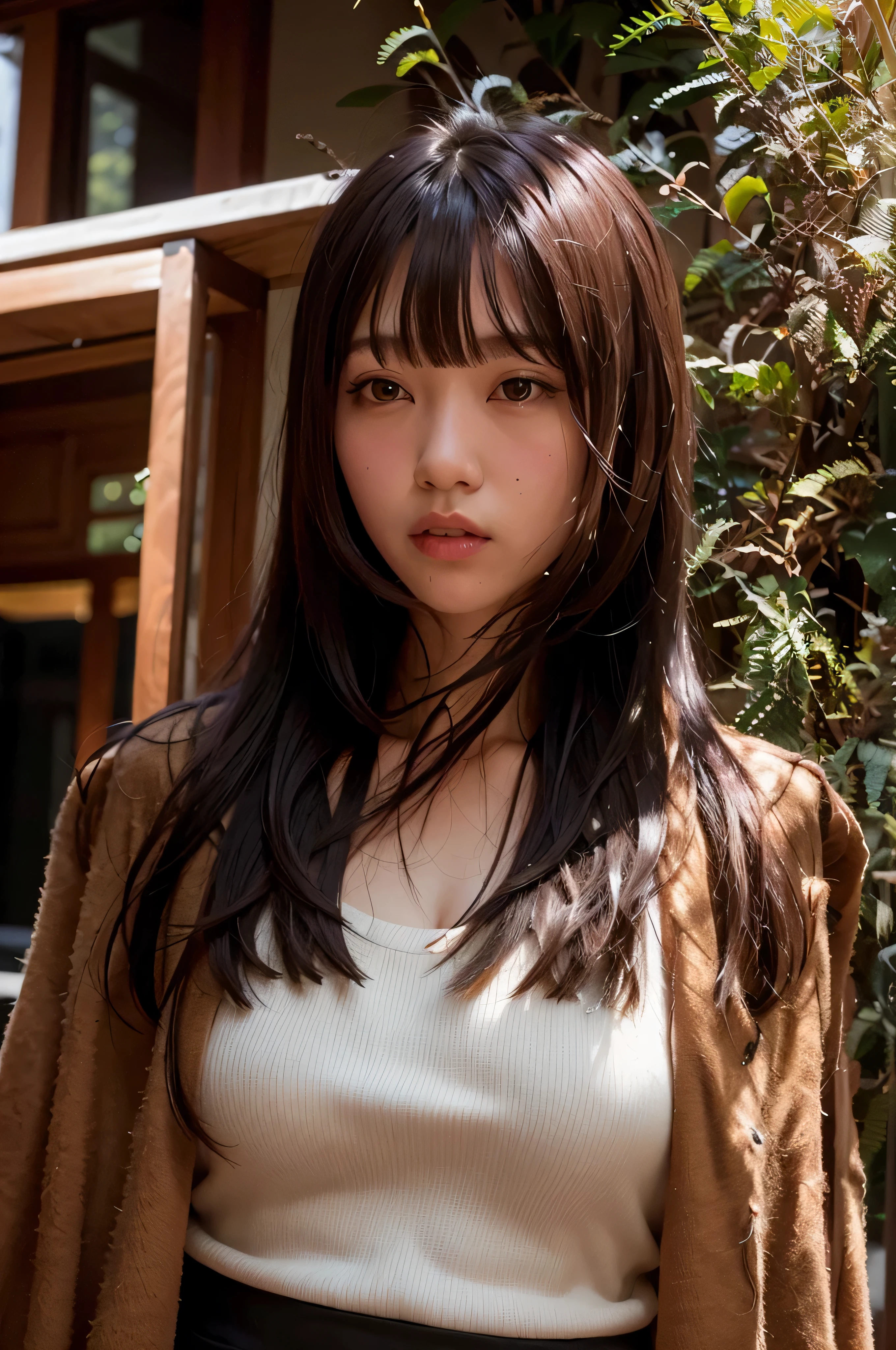 (solo), MayaWang, a close up of a woman with long hair wearing a white top, long hair with full bangs, long hair with bangs, neat hair with bangs, she has black hair with bangs, with bangs, long dark hair with bangs, white hime cut hairstyle, long straight bangs, brown long hair with bangs, black hime cut hair, center parted bangs, with full bangs