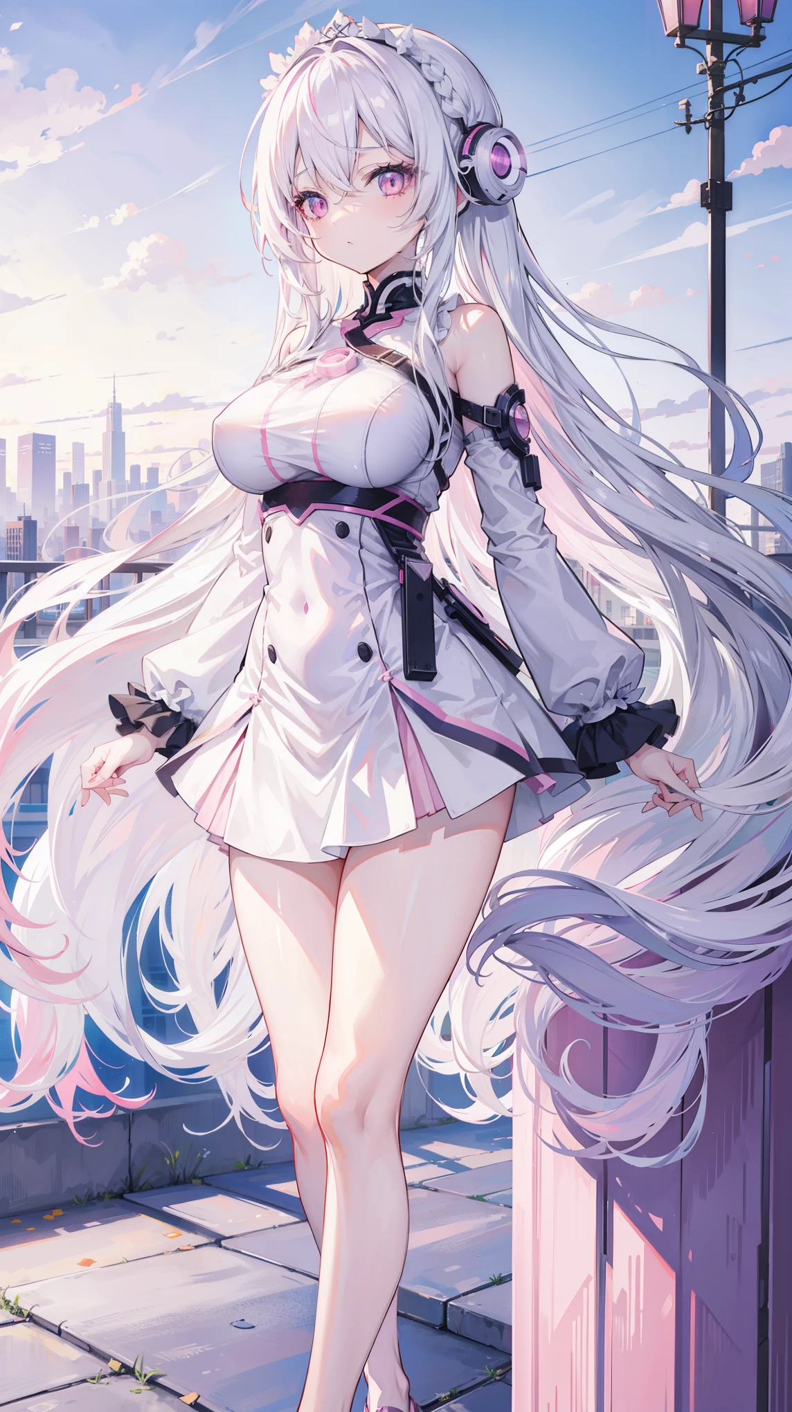 anime girl, long white hair, pastel pink eyes, with a beautiful background of a city, good anatomy, 8k, high resolution