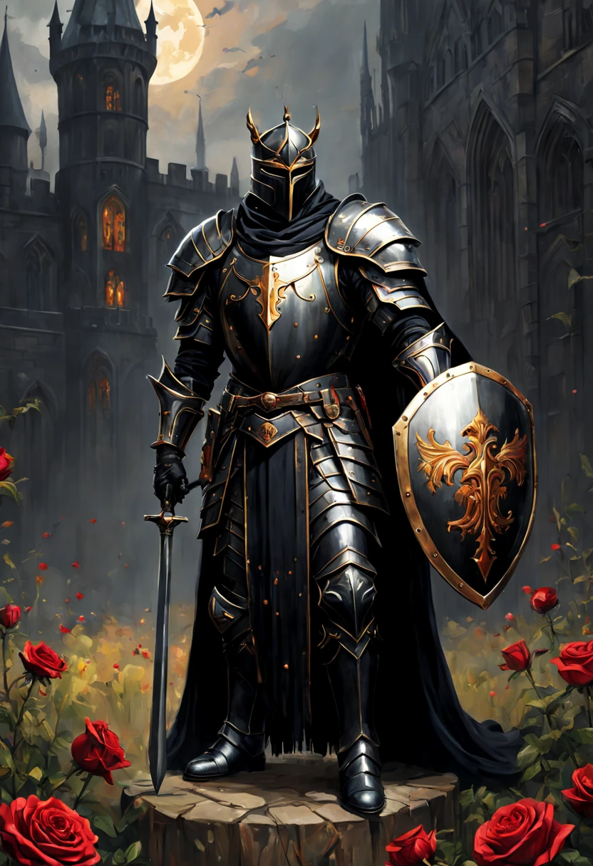 full length wide angle view Glorious Glorious Brigh Monarch King Knight wuth a (Shield:1.5) in a highly detailed Heavy black Knight armor guilded with gold,silver in a High holding a Gold and black and Crimson (Shield:1.5) ; gothic castle background; photorealistic, insanely detailed, meticulous, awe inspiring, magnificent, concept art, dark fantasy, gothic; Anne Stokes, Anna Dittman, Greg Rutowski, Josephine Wal High Gothic Dark Fantasy DarkSouls EldenRings Enchanted:Gothic : watercolor Glorious Brigh Monarch King Knight with a Long warm cloak holding a Long enchanted round (Shield:1.5) in a highly detailed Heavy black Knight armor guilded with gold,silver in a field of Colorfull Roses under an Eclipse ::| hyperdetailed: maximalist ::| Stunning masterpiece::| Jonas De Ro: russ mills, white roses and Blood red Roses under a warm Autumnal Morning Sunlight, Mark Brooks and Dan Mumford, comic book art, perfect, smooth, in Gouache Style, Watercolor, Museum Epic Impressionist Maximalist Masterpiece, Thick Brush Strokes, Impasto Gouache, thick layers of gouache watercolors textured on Canvas, 8k Resolution, Matte Painting