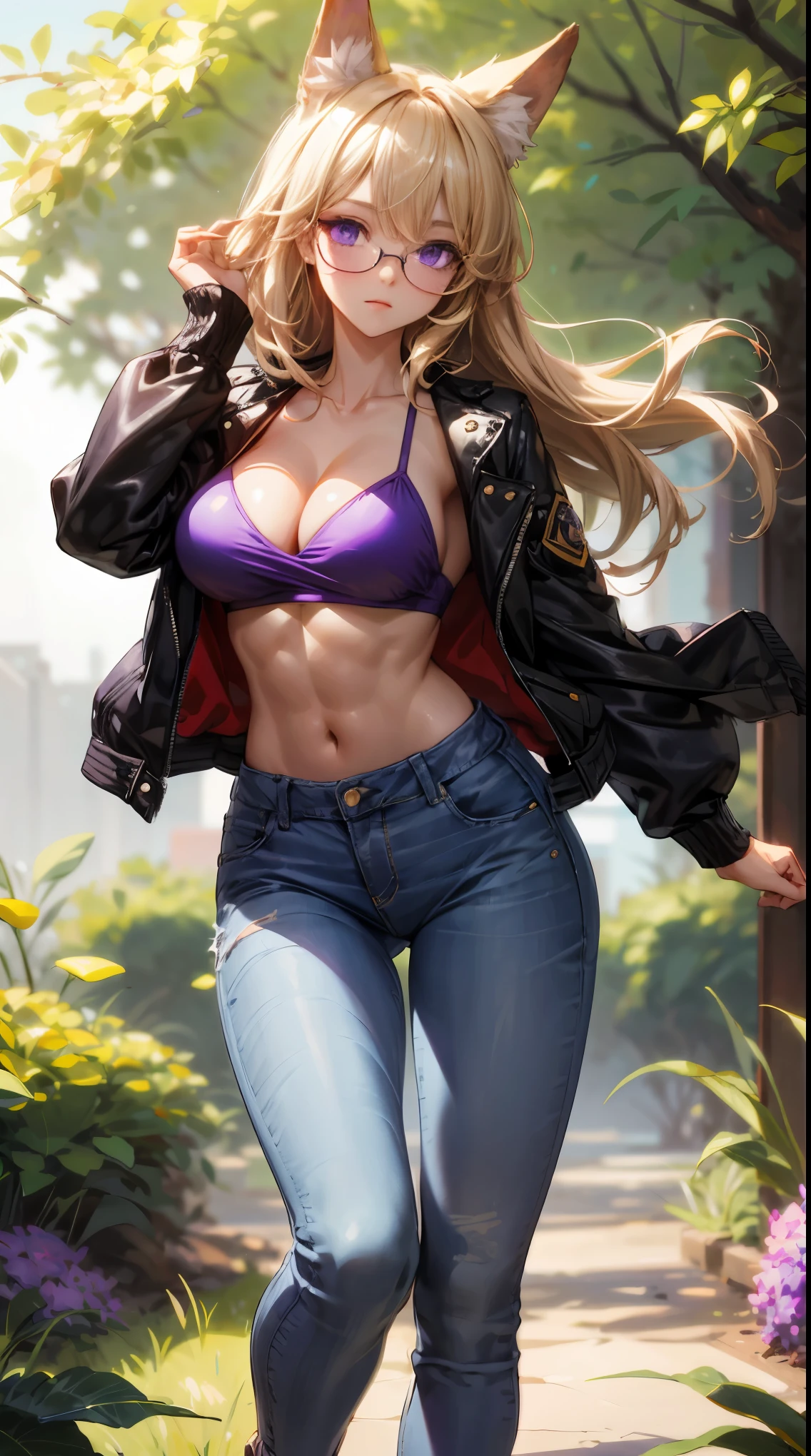 purple eyes, {{best quality}}, {{masterpiece}}, {{ultra-detailed}}, {illustration}, {detailed light}, {an extremely delicate and beautiful}, a girl, {beautiful detailed eyes}, purple eyes, blonde hair, stars in the eyes, messy floating hair, depth of field, beautiful, skinny, thin, long legs, cute legs, muscles, perfect body, perfect hands, (((purple eyes))), blonde, fox, animal ears, fox ears, glasses, muscle, tall girl, beautiful legs, long legs, breathtaking, big breast, cleavage, (((glasses))), kam3seru, walking on a garden, forest, 1girl, jeans, bikini, leather jacket, ,modelshoot style, jacket, airforce jacket, masterpiece,